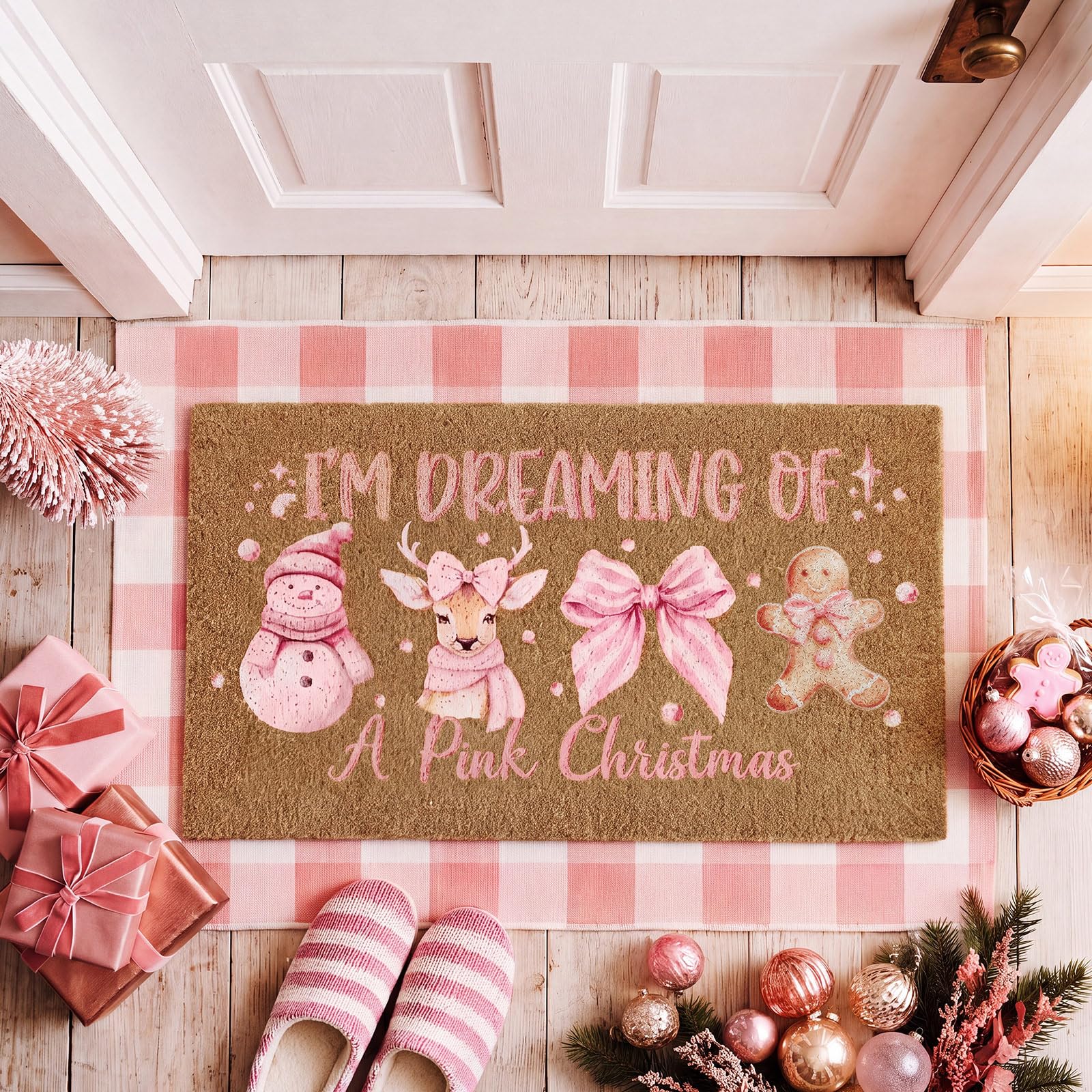 Dunzy 2 Pcs Pink White Striped Coir Doormat 23.6x35.4 Christmas Welcome