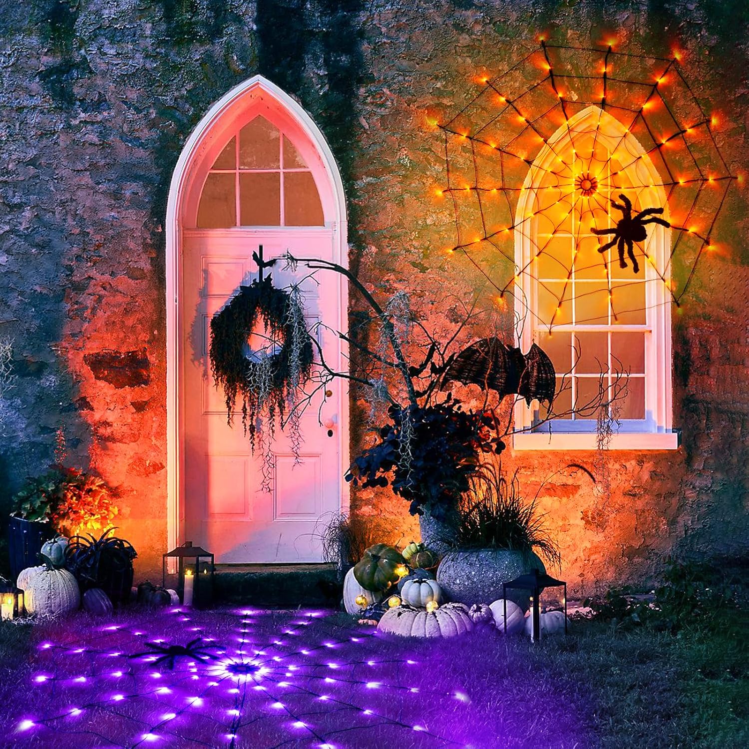 Orange & Purple EAMBRITE Halloween Spider Web Lights with 84LED Orange/Purple Lights, Light up Cobweb with Black Spider, Halloween Decorations for Room Proch Window Garden Indoor and Outdoor