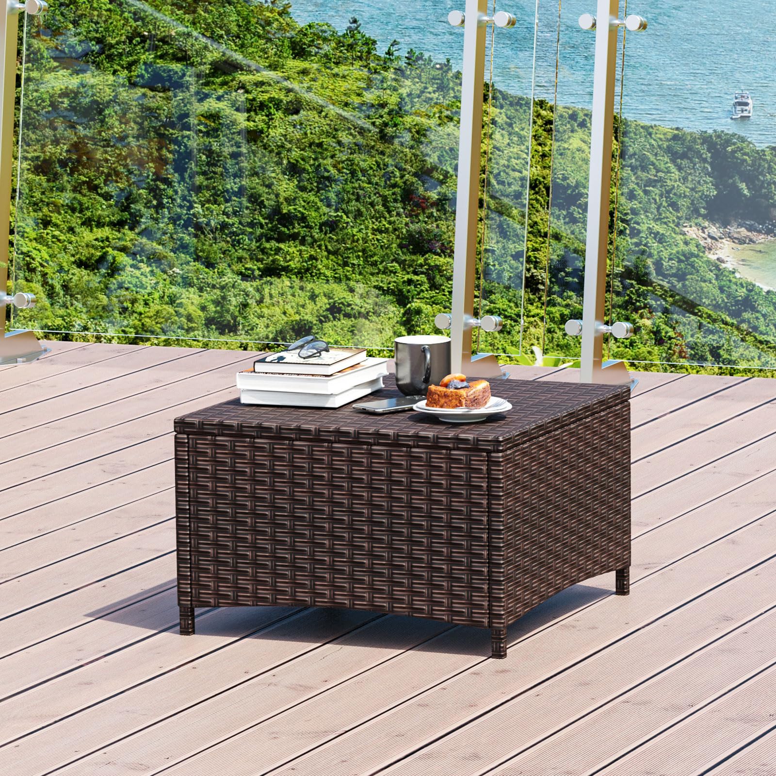 Aoxun 2 Pieces Patio Ottomans, Rattan Wicker Ottoman Seat, Patio Rattan Furniture, Outdoor Footstool, Footrest Seat with Removable Cushions, Beige, 22