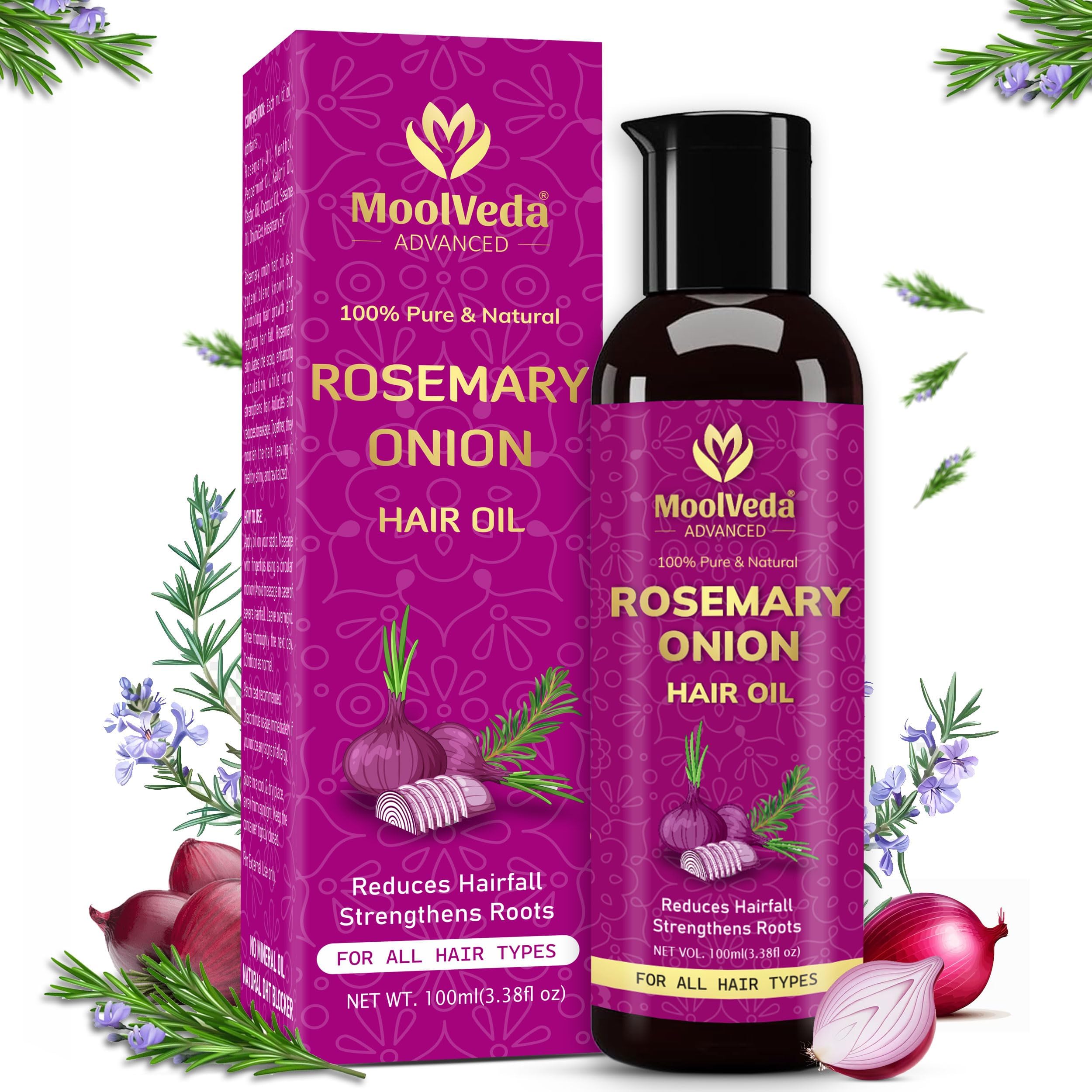 100% Pure & Natural Rosemary Onion Hair Oil, 100ml, Reduces Hairfall, Strengthens Roots, For All Hair Types, 100ml
