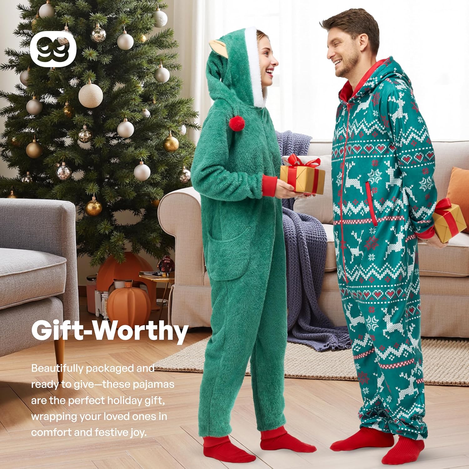 Giggling Getup Adult Womens Christmas Pajamas, Sherpa Fleece Pajamas Women, Green Hoody Holiday Jumpsuit - Image 6