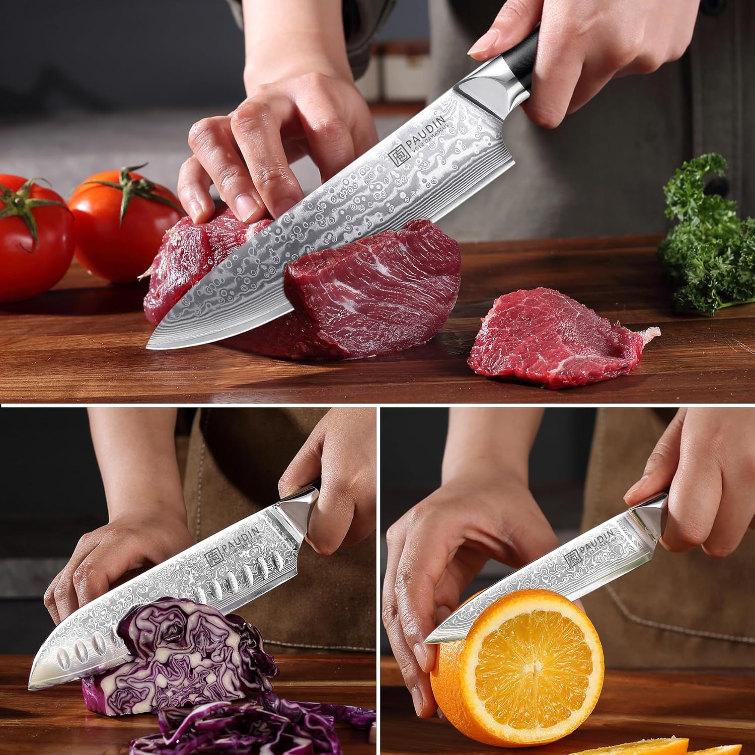 PAUDIN Damascus Knife Set 3 PCS, Japanese VG10 Steel Core, Ultra Sharp Chef Knife Set, Full Tang G10 Handle, Damascus Kitchen Knives - Image 6