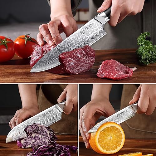 Miniatura 6 de PAUDIN Juego de cuchillos de Damasco 3 piezas, núcleo de acero japonés VG10, juego de cuchillos de chef ultra afilados, mango G10 de espiga
