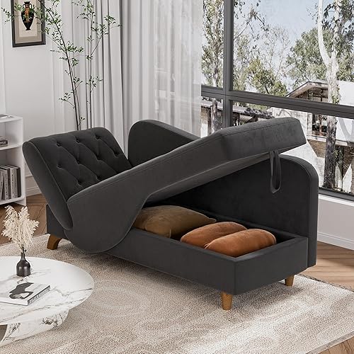Miniatura 29 de Tumbona interior con almacenamiento, reposabrazos ajustable, silla de lectura reclinable, sofá cama con almohada, futón de terciopelo 3 en 1 para