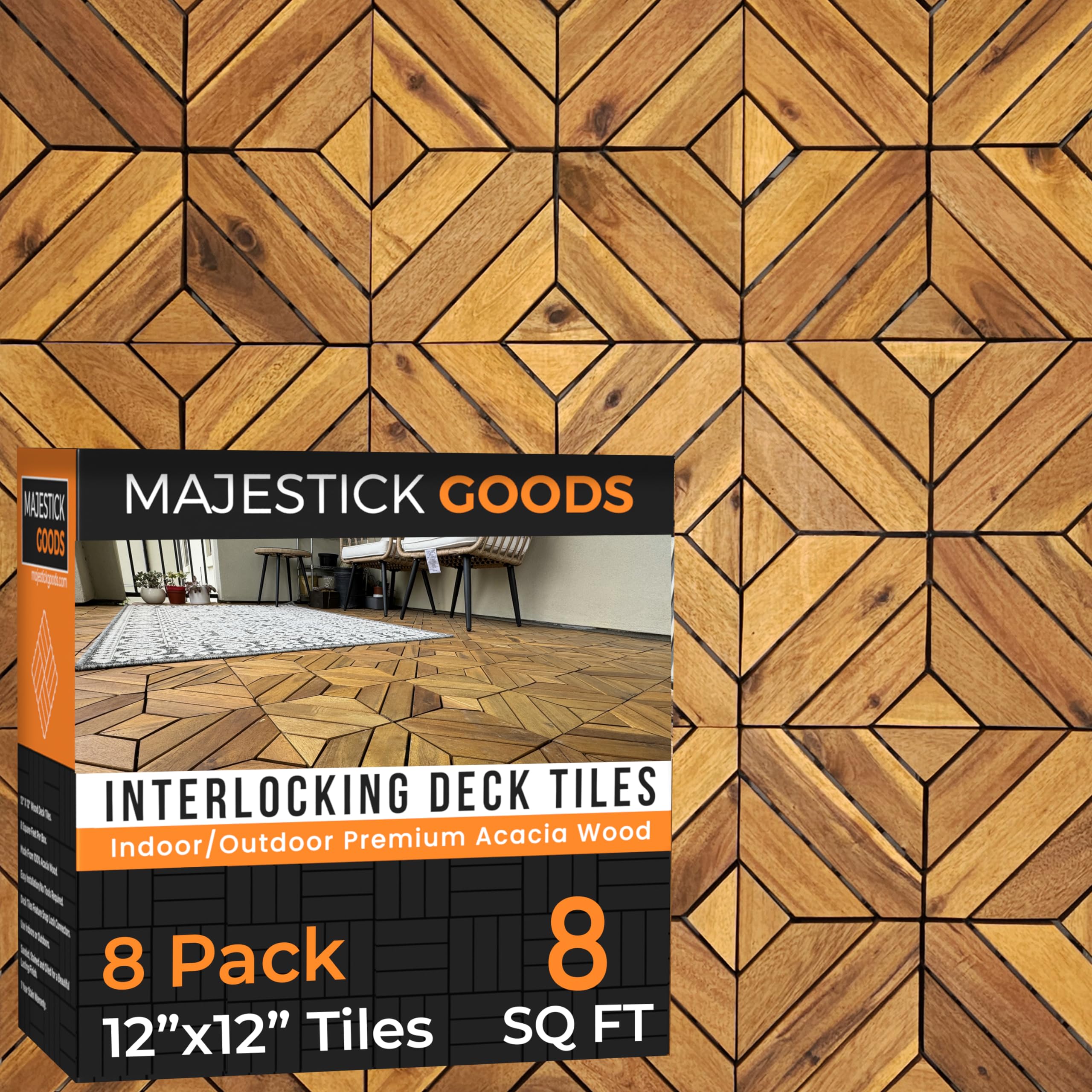 Paquete de 8 azulejos entrelazados de listones X – Suelo de madera de acacia de 12 x 12 pulgadas para exteriores para patio | Azulejo de cubierta de piso de clic