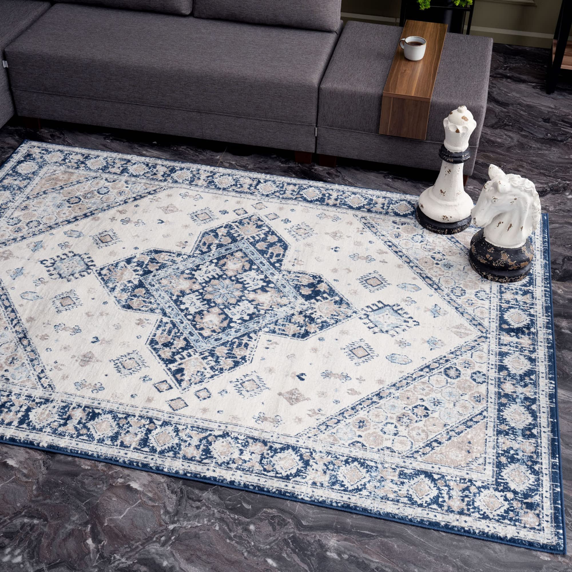 The Rugs Unisex Navy Montana Medallion & Cream Living Room Area Rug 4010 | Size: 120Cm X 170Cm