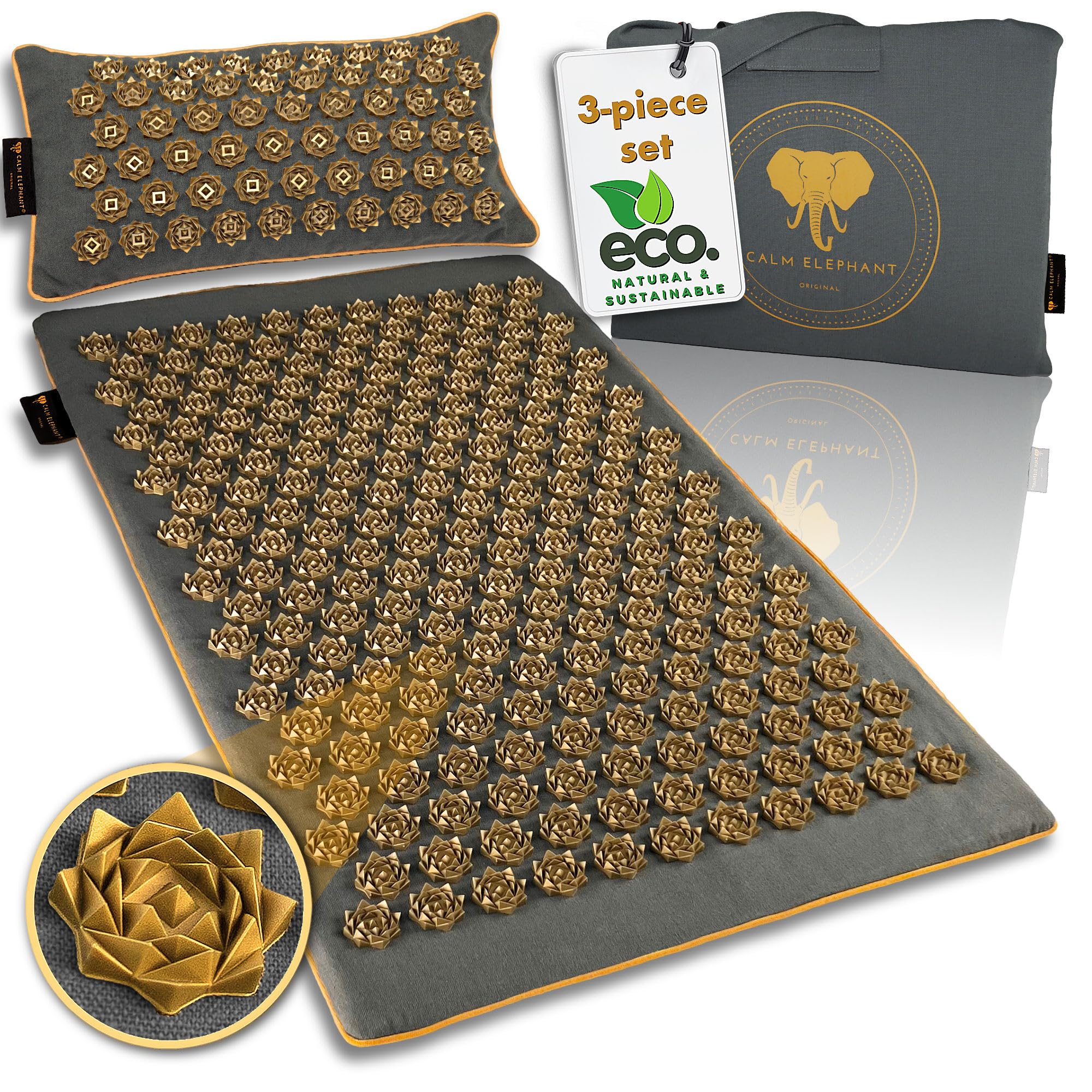 CALM ELEPHANT ORIGINAL XL Tapis Acupression PURE ECO et Coussin Ergonomique, Tapis Champ de Fleurs, Soulagement Dos, Cou & Épaules, Réflexologie, Anti-Stress, Méditation, fonction chauffante et sac
