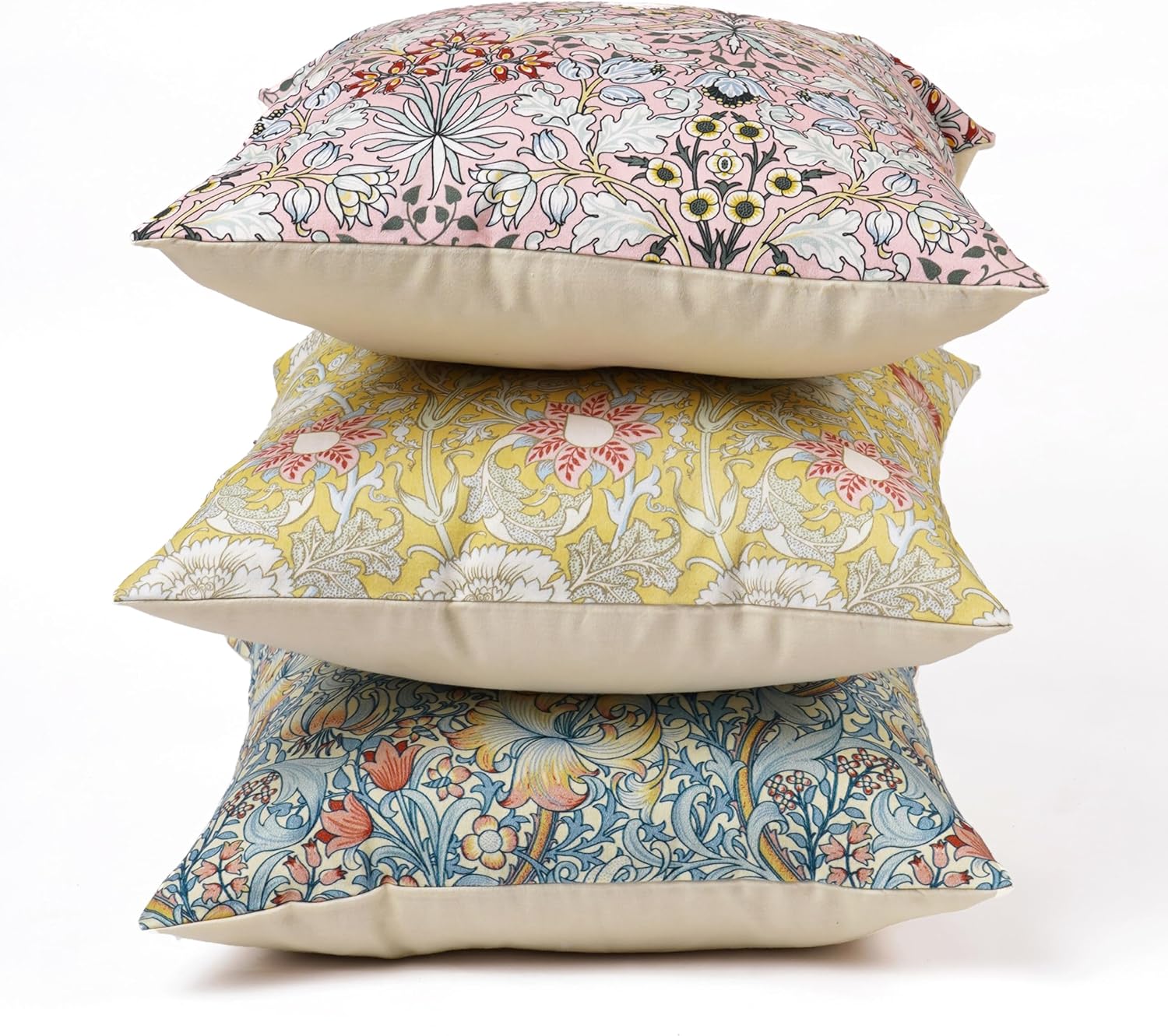 Decorative Throw Pillow Cover, William Morris Inspired Floral Design, 18x18 Inches, Cotton Satin, Pink Yellow Blue, Handcrafted (Pink)