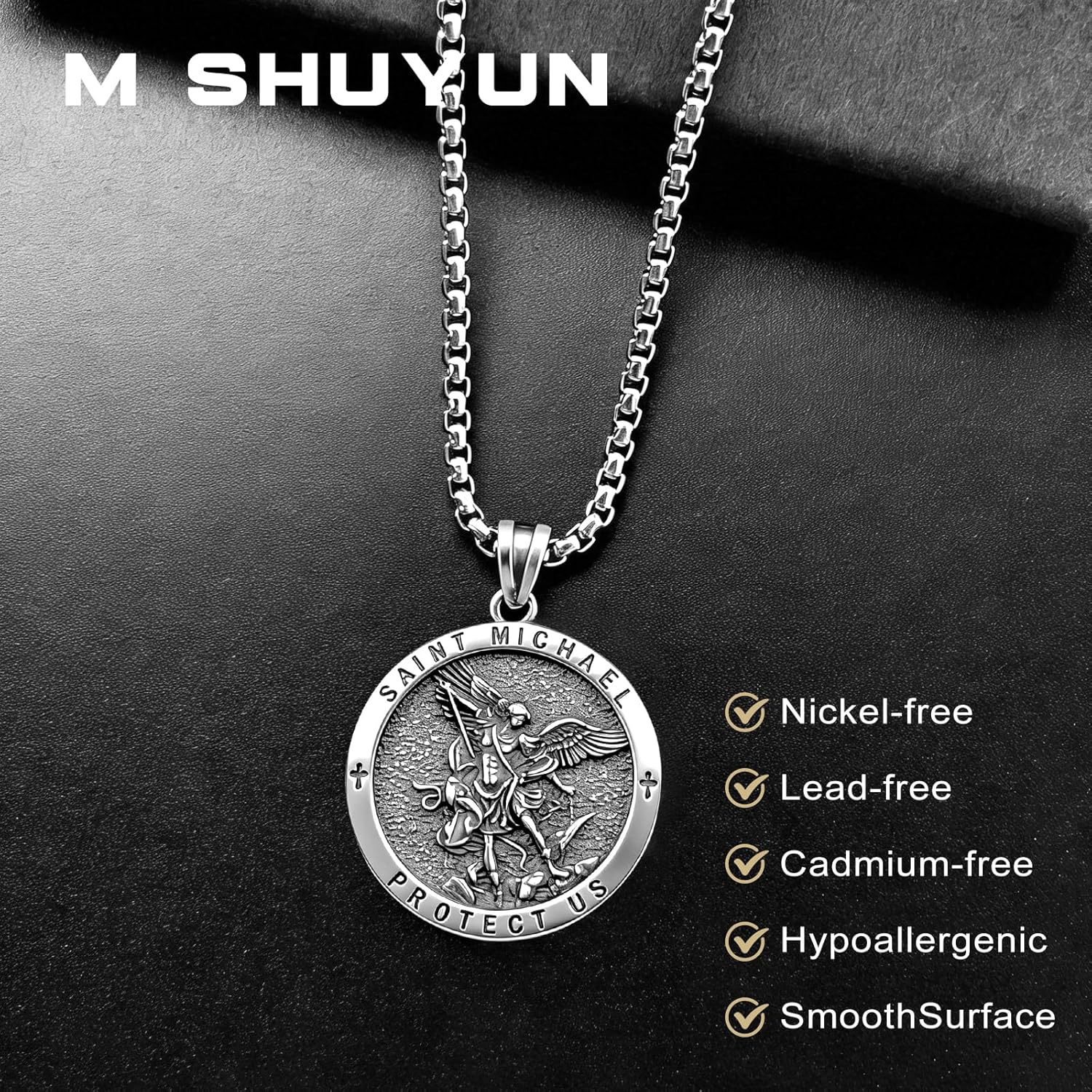 St Michael Pendant for Men & Women, 925 Sterling Silver Archangel Michael Necklace with 23.5" Stainless Steel Chain, Vintage Saint Michael Medal Protection Jewelry Gift