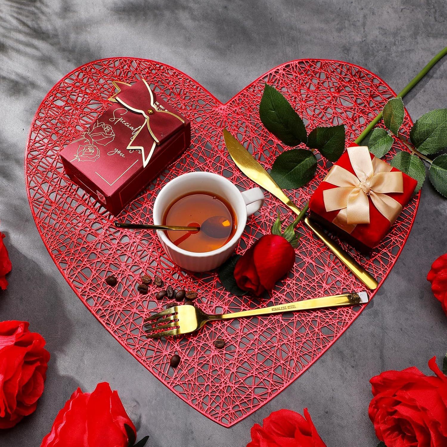 Eaasty 8 Sets Valentine's Day Placemats and Coaster Red Heart Place Mats Love Coaster 15 inch Metallic PVC Washable Valentines Day Table Decoration Valentine's Table Mats for Wedding Anniversary Party
