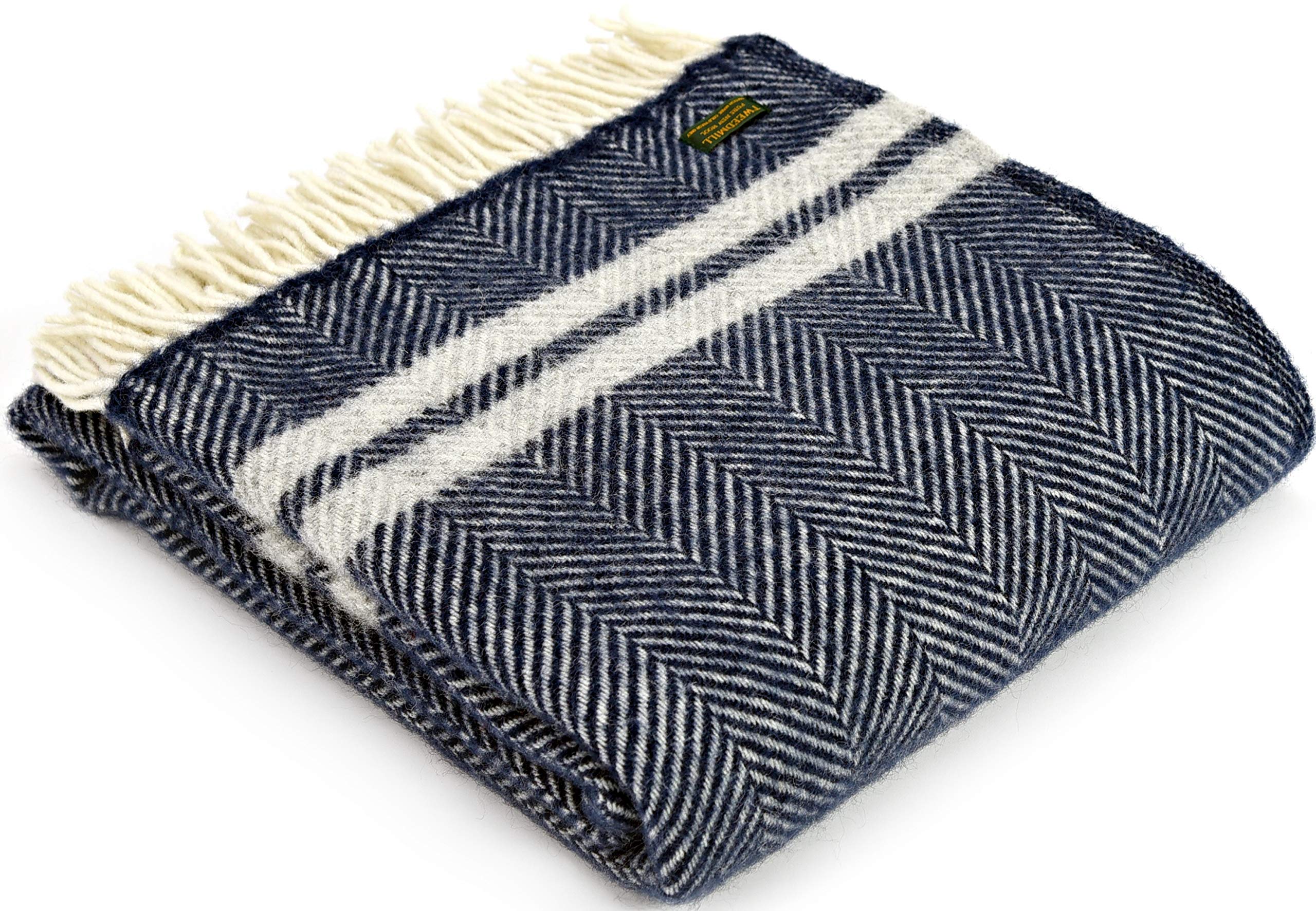 Tweedmill Textiles Silver Fishbone Knee Rug Throw Blanket -100% Pure New Wool - British Made - Navy With Two Stripes