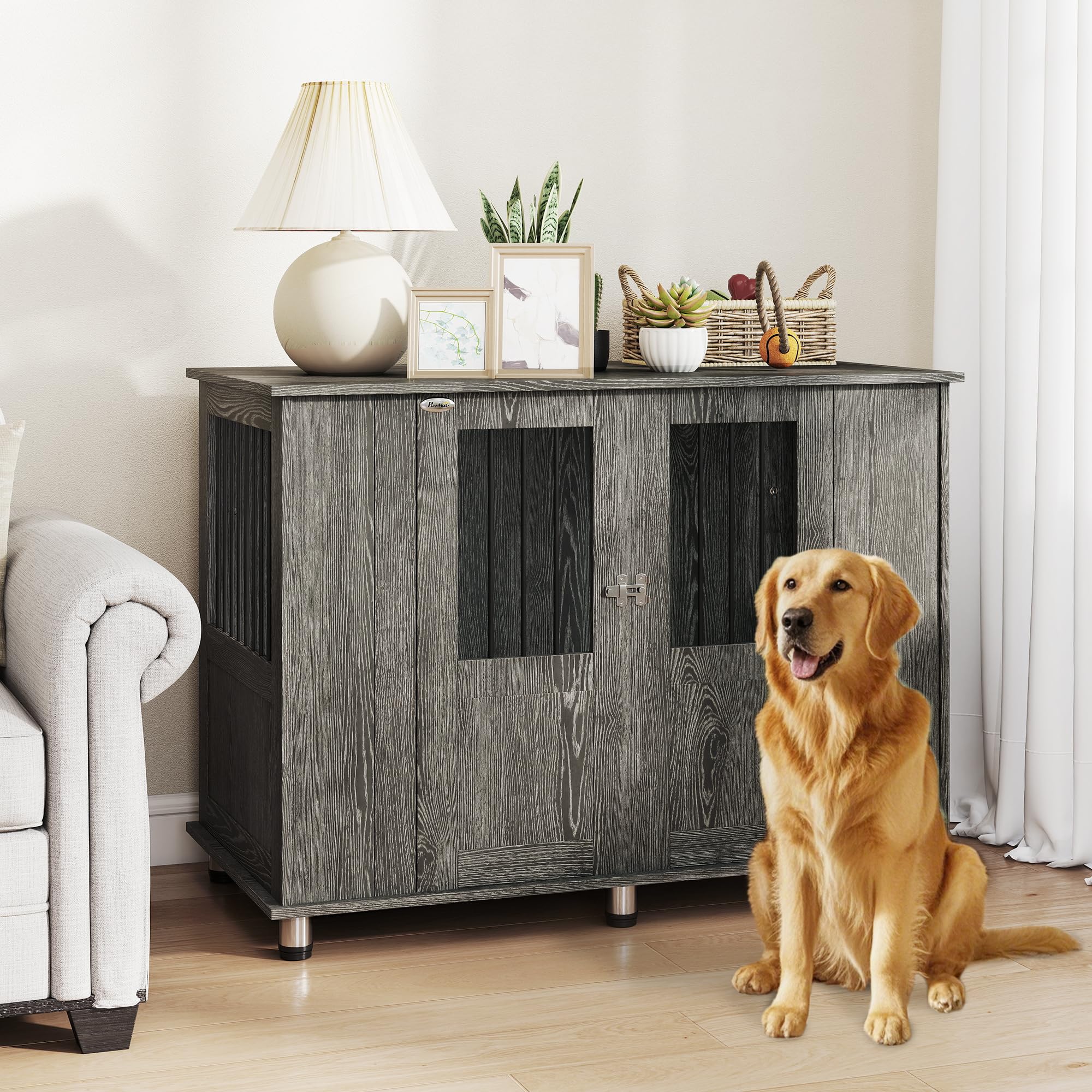 Pawhut Grey Dog Cage End Table, Stylish Pet Kennel With Magnetic Doors,