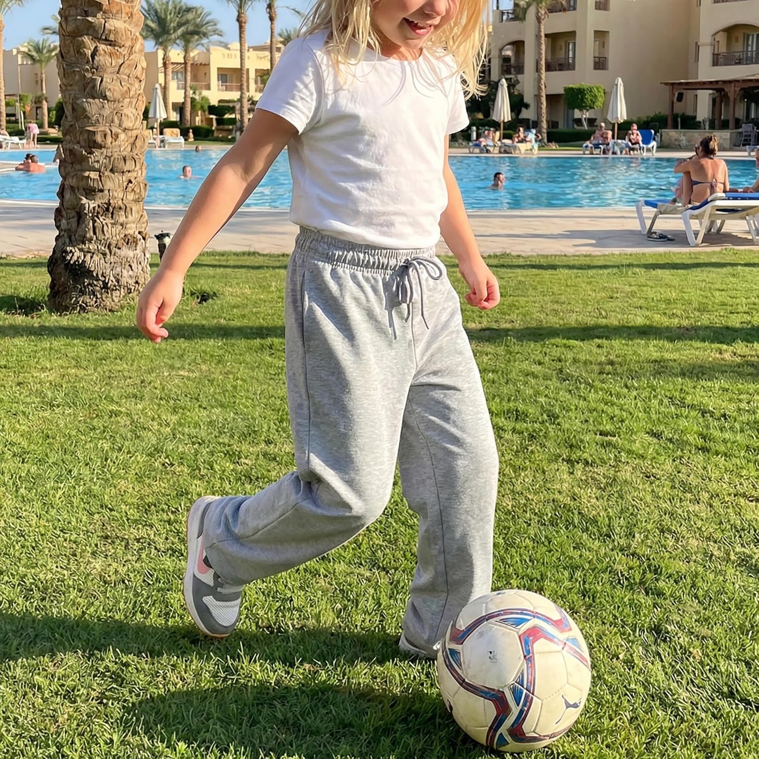 Girls Lightweight Soft Sweatpants, Straight Leg Casual Pants with Drawstring Elastic Waist & Pockets