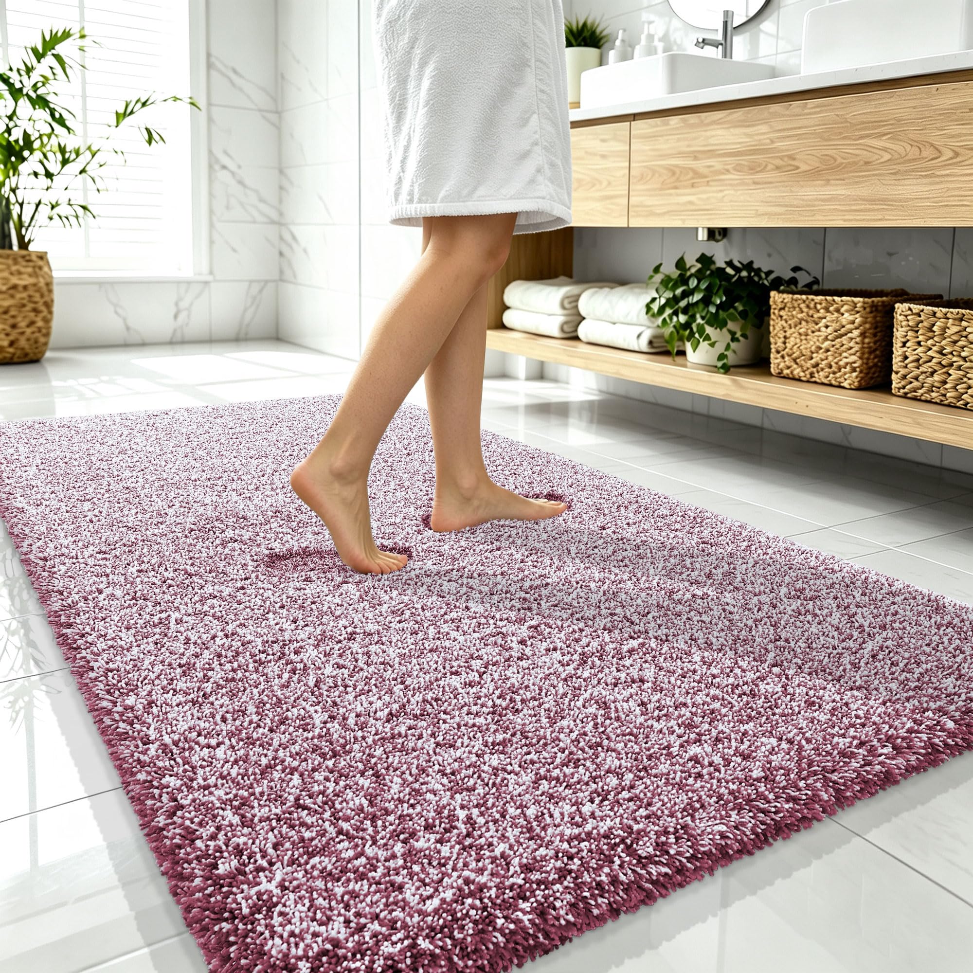 OLANLY Microfiber Bathroom Rugs 59x35, Quick Dry Mat, Burgundy and White