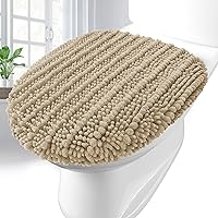 Arotive Beige Chenille Toilet Lid Cover 17.5x15 - Soft Non-Slip Machine Washable, Fits Round Elongated Oblong Lids, Cozy Bathroom Decor