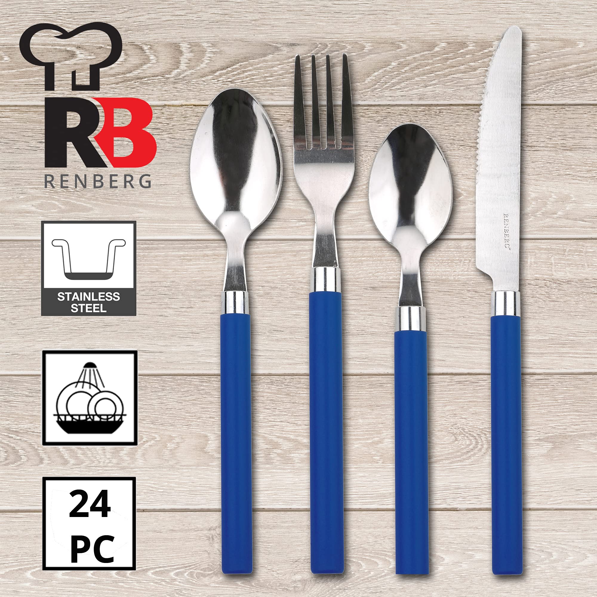 San Ignacio Batteria da cucina 5 pezzi acciaio inox con posate da 24 pezzi in acciaio inox di colore blu