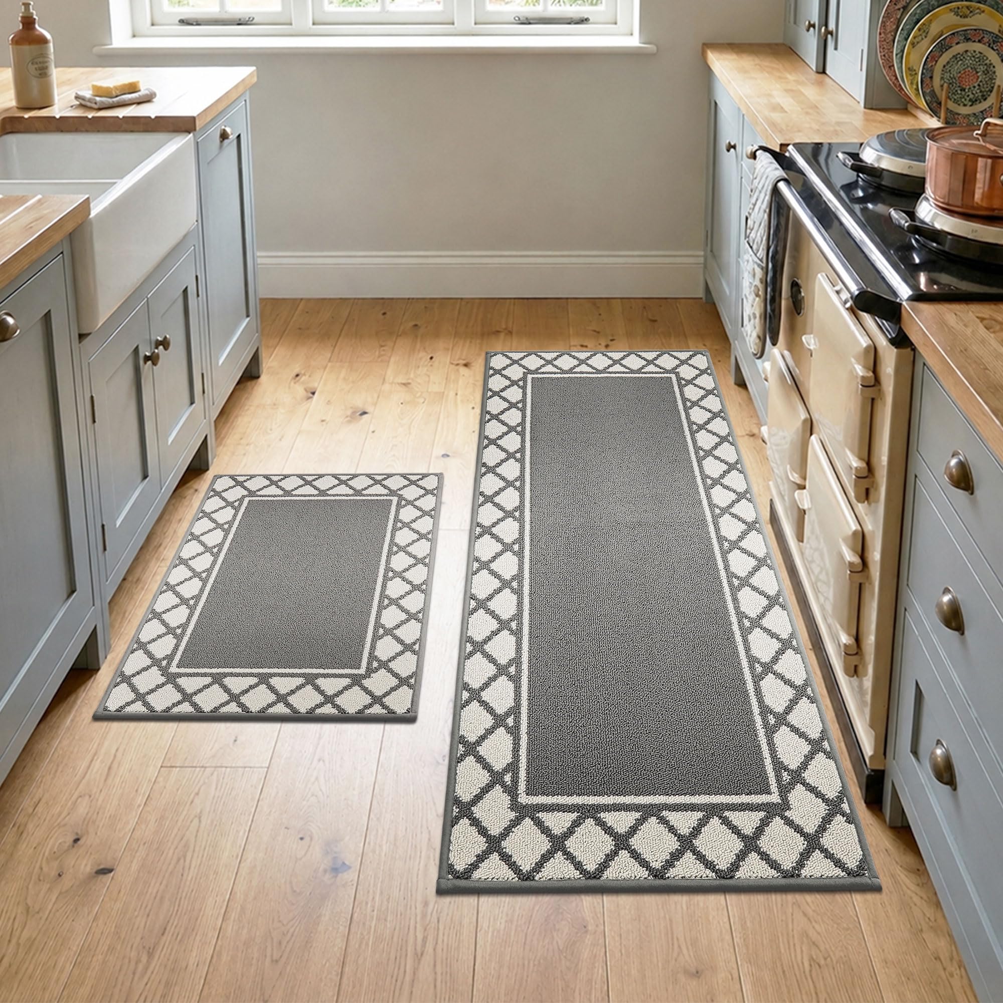COSY HOMEER Kitchen Rugs, Washable Nonslip TPR Backed Kitchen Mat Set, Soft Standing Absorbent Rugs for Kitchen, Set of 2(50x76cm+50x122cm), Grey