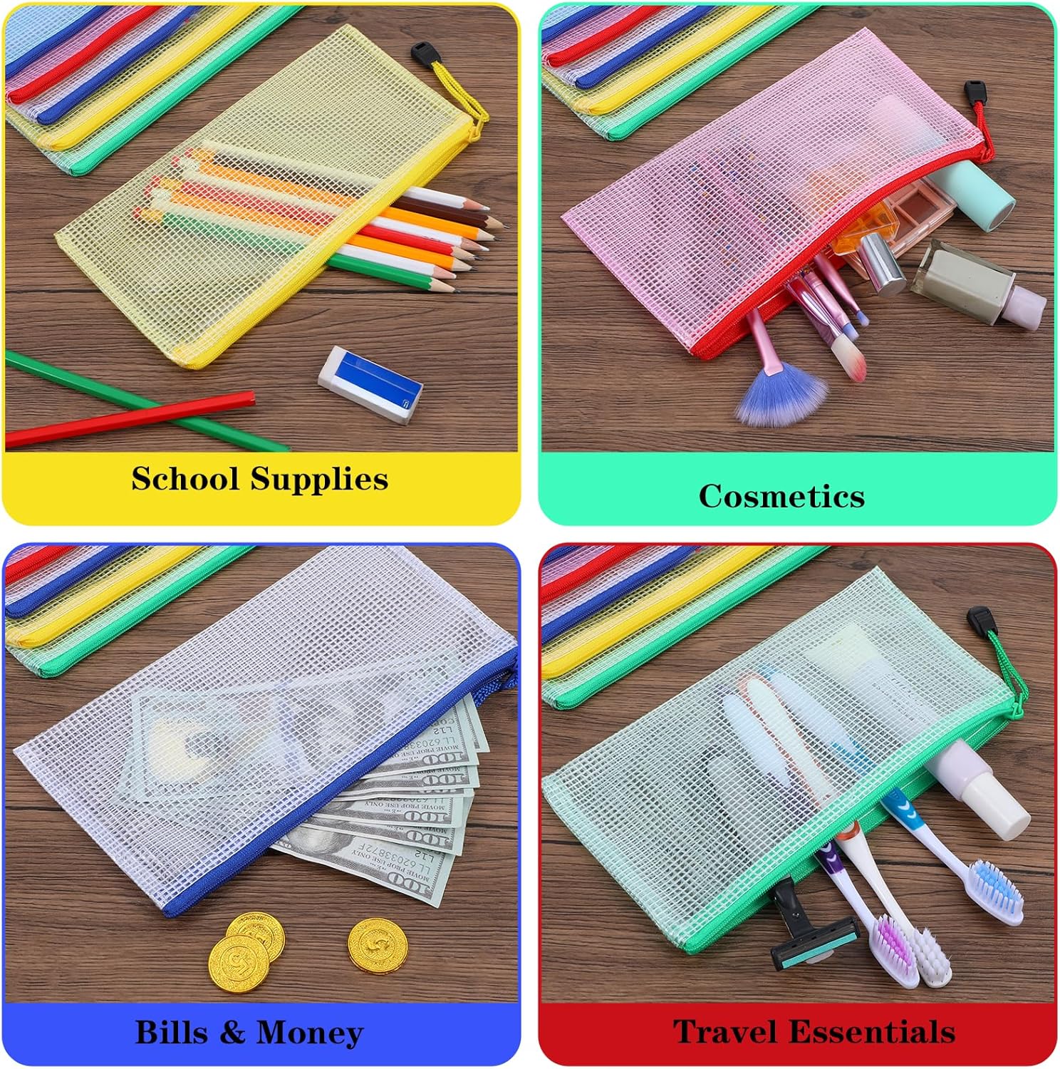 MAQUITA 100 Pack Mesh Zipper Pouch Pencil Pouches Bulk Clear File Bag Waterproof Document Pouch Multipurpose for Office Travel (8.6 x 4.33 inch) - Image 7