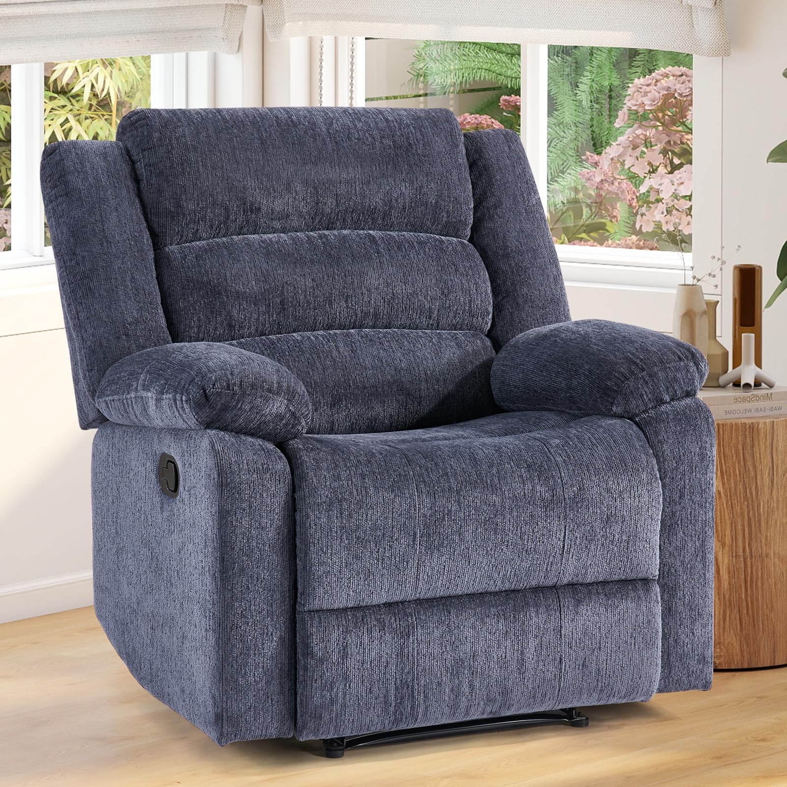 ANJ Overstuffed Manual Recliner Chair, Soft Chenille – Blue