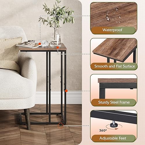 Miniatura 5 de WLIVE Juego de 2 mesas auxiliares marrones, juegos de mesa auxiliar en forma de C, mesas auxiliares de sofá pequeñas para dormitorio, sala de estar,