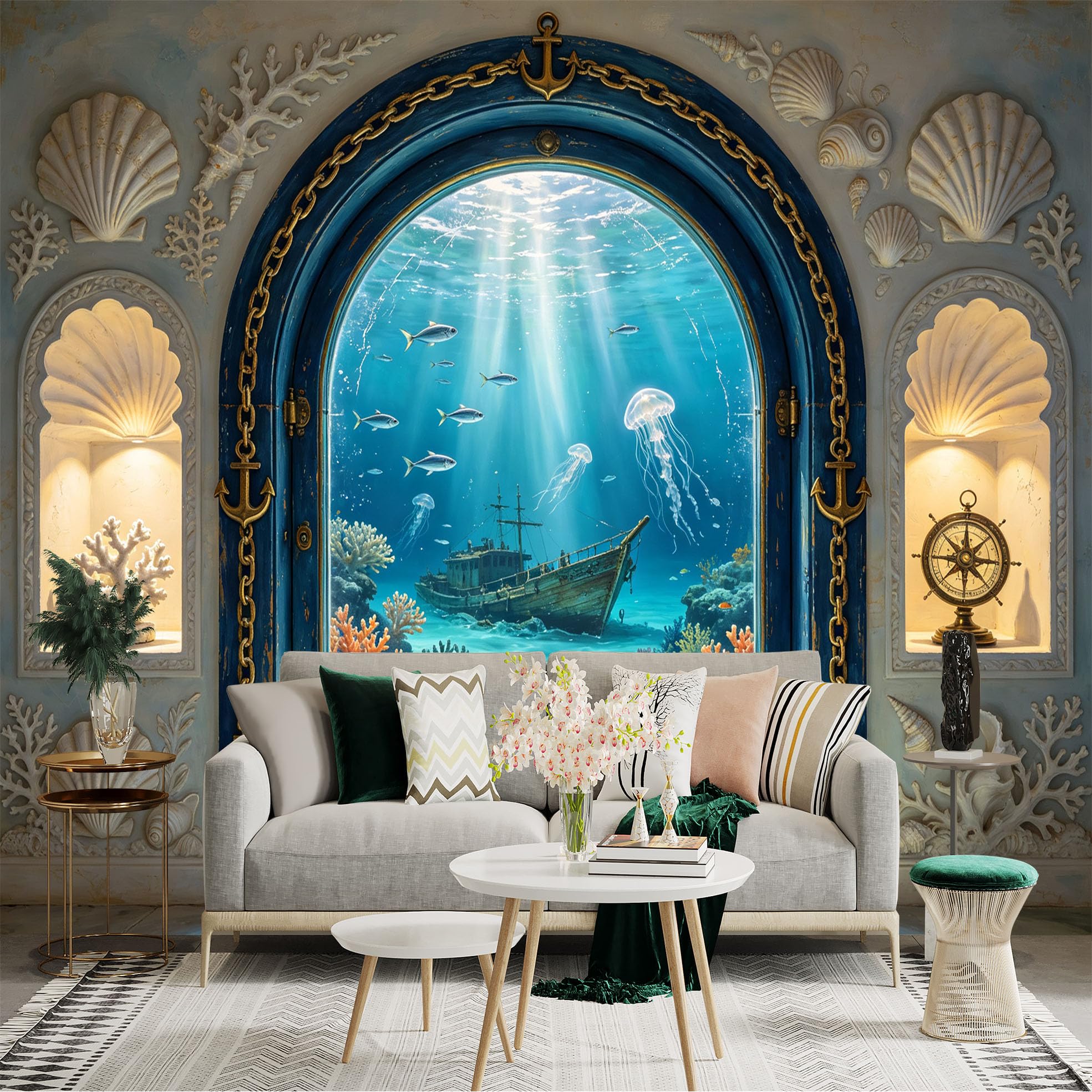 Custom Size Wall Sticker Mural， Underwater Shipwreck Ocean View， Coral Reef and Jellyfish， Nautical Arch Window， for wall Decoration， peelandstick wall Decals.