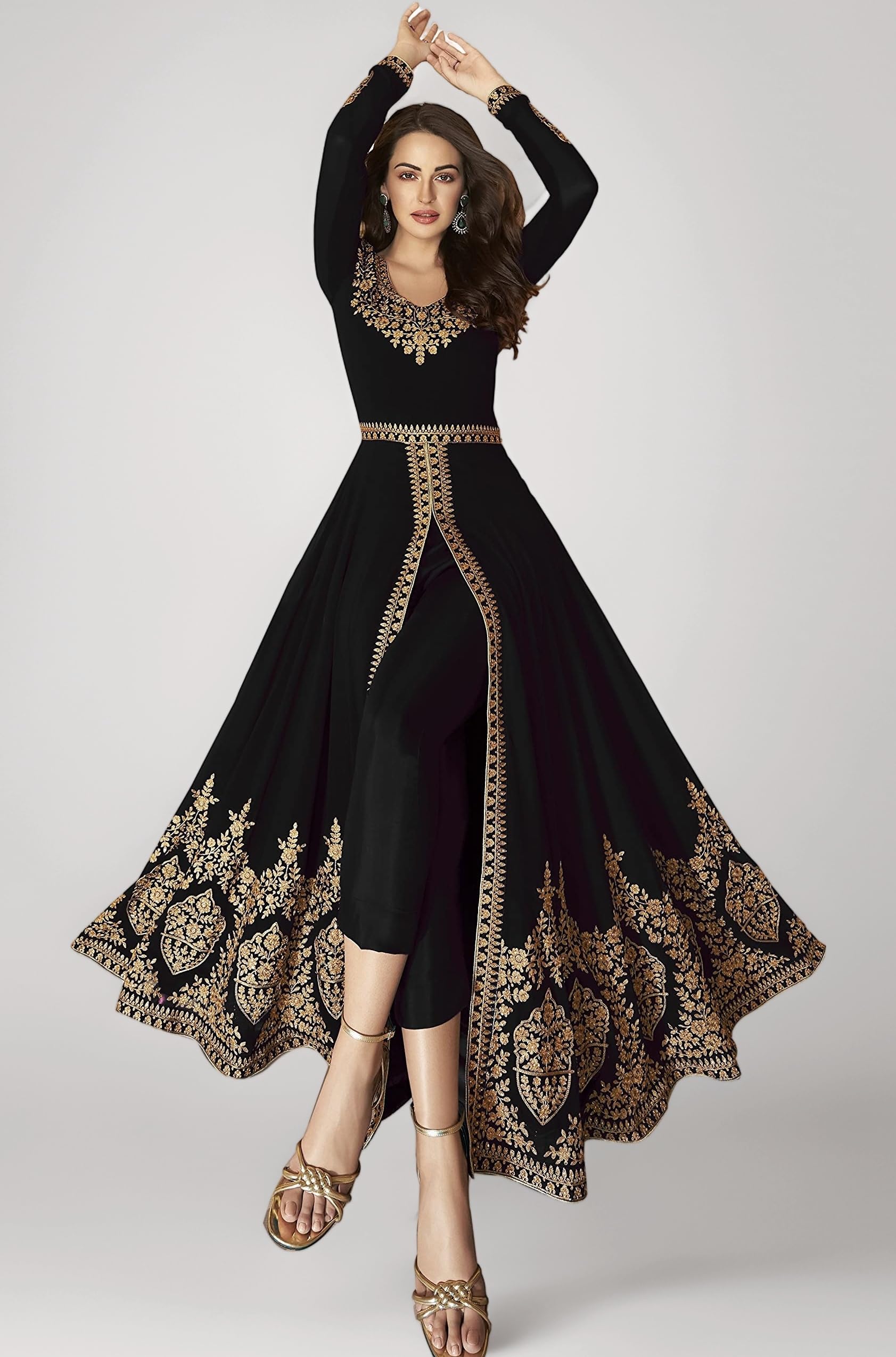 Women's Faux Georgette Semi Stitched Top with Santoon Fabric Bottom and Faux Georgette Dupatta Embroidered Front Slit Anarkali Dress