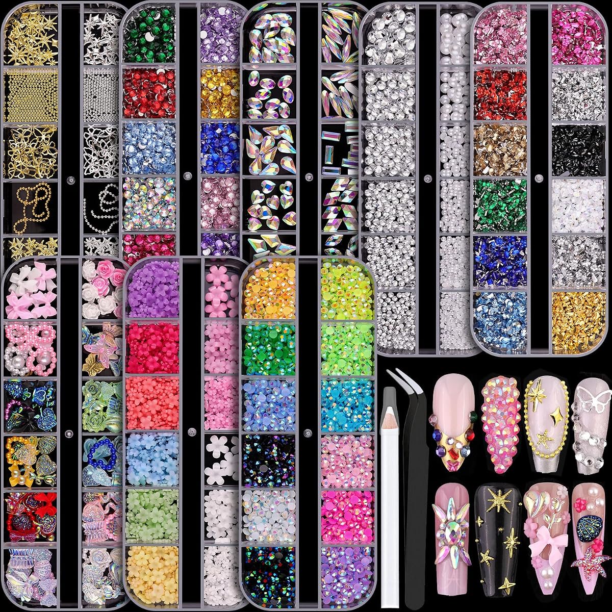 10000Pcs Colorful Nail Rhinestones and Charms Nail Pearls Caviar Beads | Colorful 3D Pearl Nail Charms Jewels Nails Flowers Bows Charms for Nails Caviar Beads Nail Accessories Kits