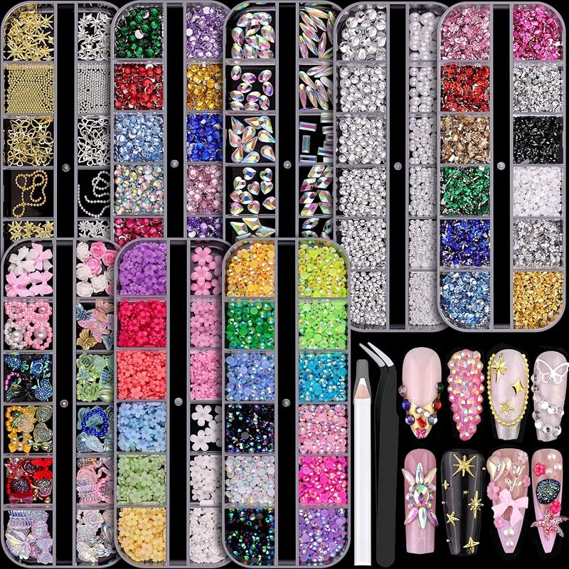 10000Pcs Colorful Nail Rhinestones and Charms Nail Pearls Caviar Beads | Colorful 3D Pearl Nail Charms Jewels Nails Flowers Bows Charms for Nails Caviar Beads Nail Accessories Kits