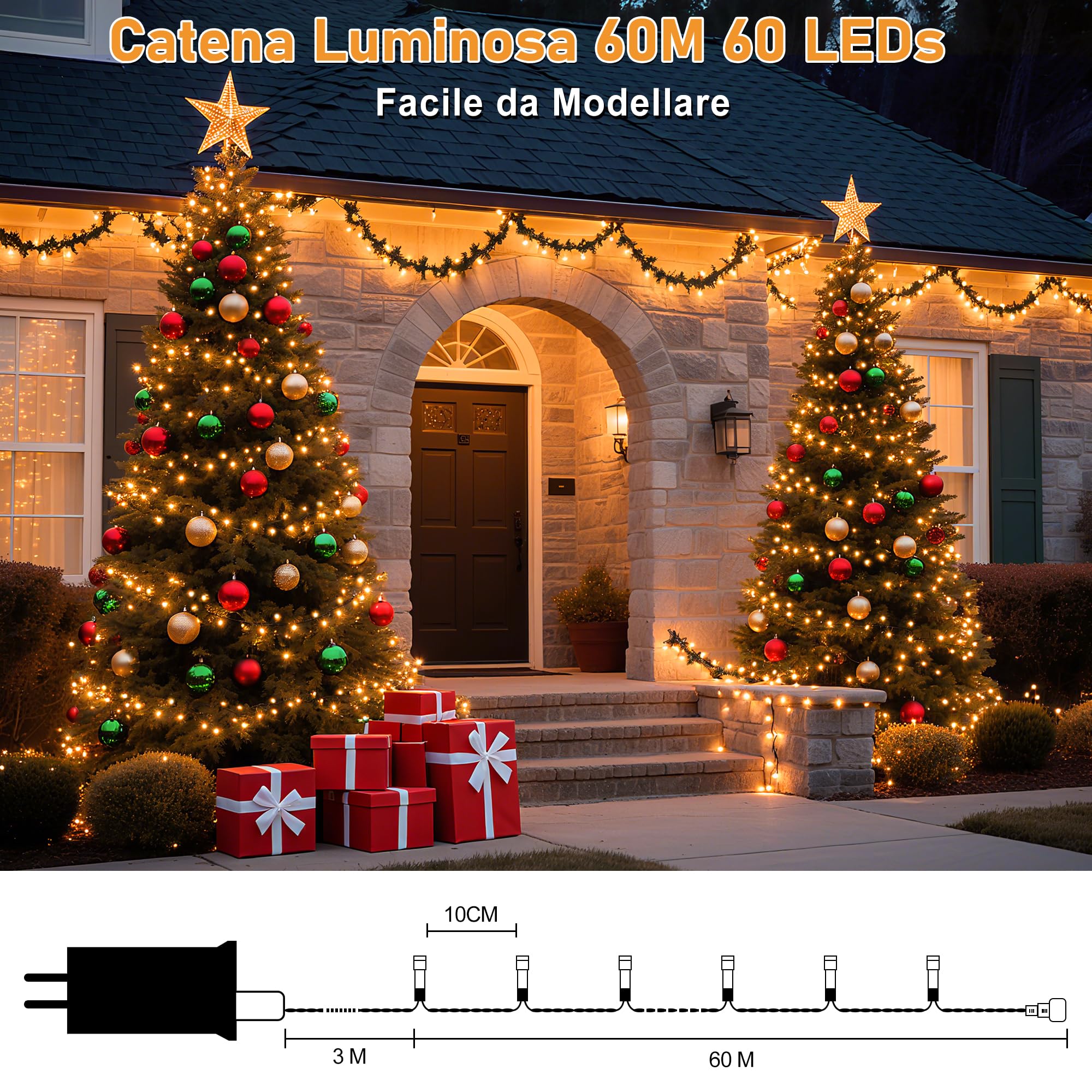 HeiPard Luci Albero di Natale, 60M 600 LED Luci Natalizie da Esterno ed Interno con 8 Modalità, Funzione Memoria, Telecomando, Timer, Dimmerabile per Giardino, Balcone, Casa, Festa - Bianco caldo