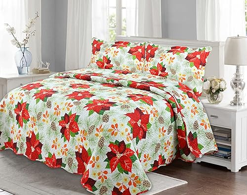 Miniatura 7 de Juego de colcha de 3 piezas con estampado de Pinsonic en relieve, ultra suave, juego de edredón de verano y Navidad con 2 fundas acolchadas, diseño