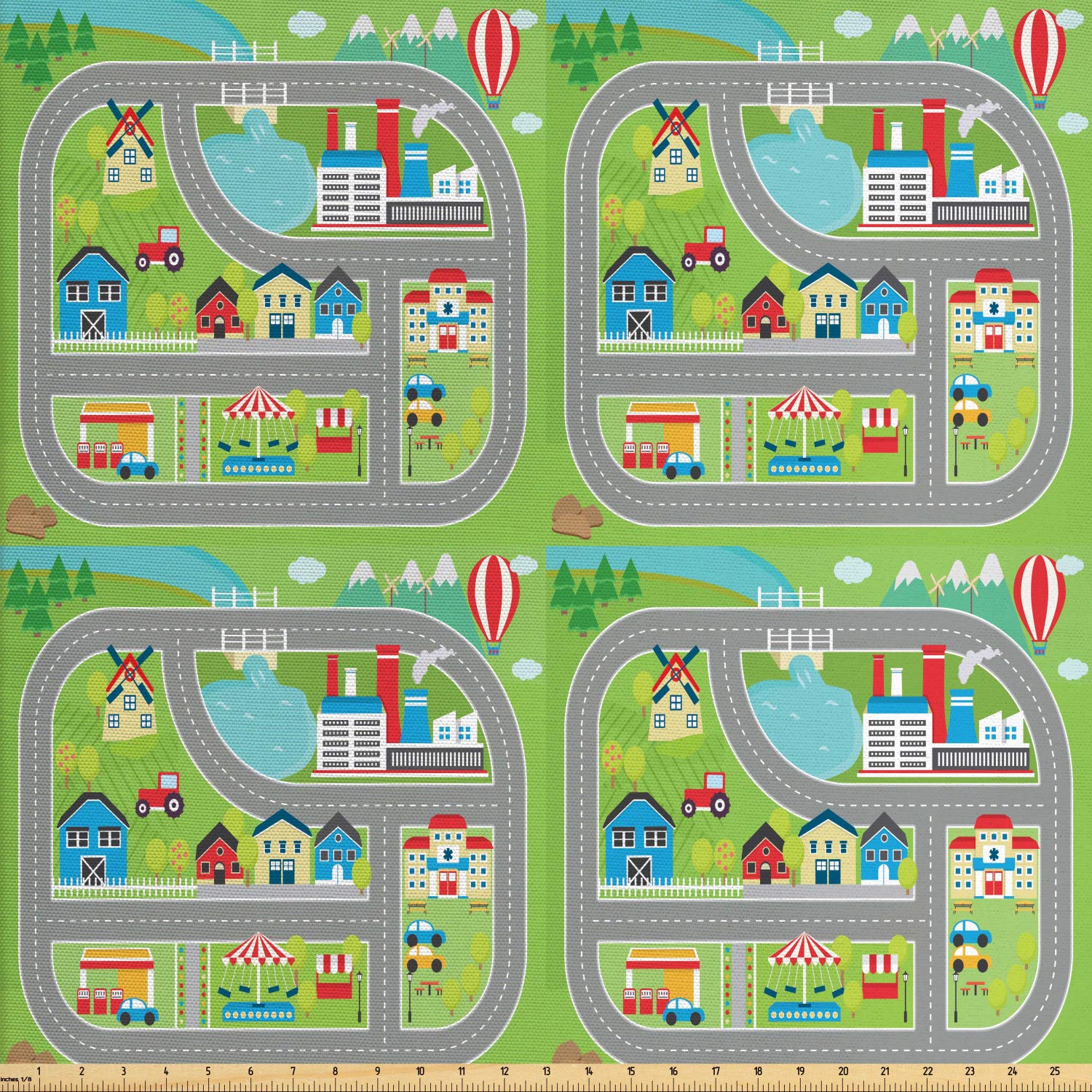 AmbesonneCar Race Track Fabric by The Yard, Roadway Activity Sunny City Landscape Illustration with Farm Factory, Decorative Fabric for Upholstery and Home Accents, Green Grey