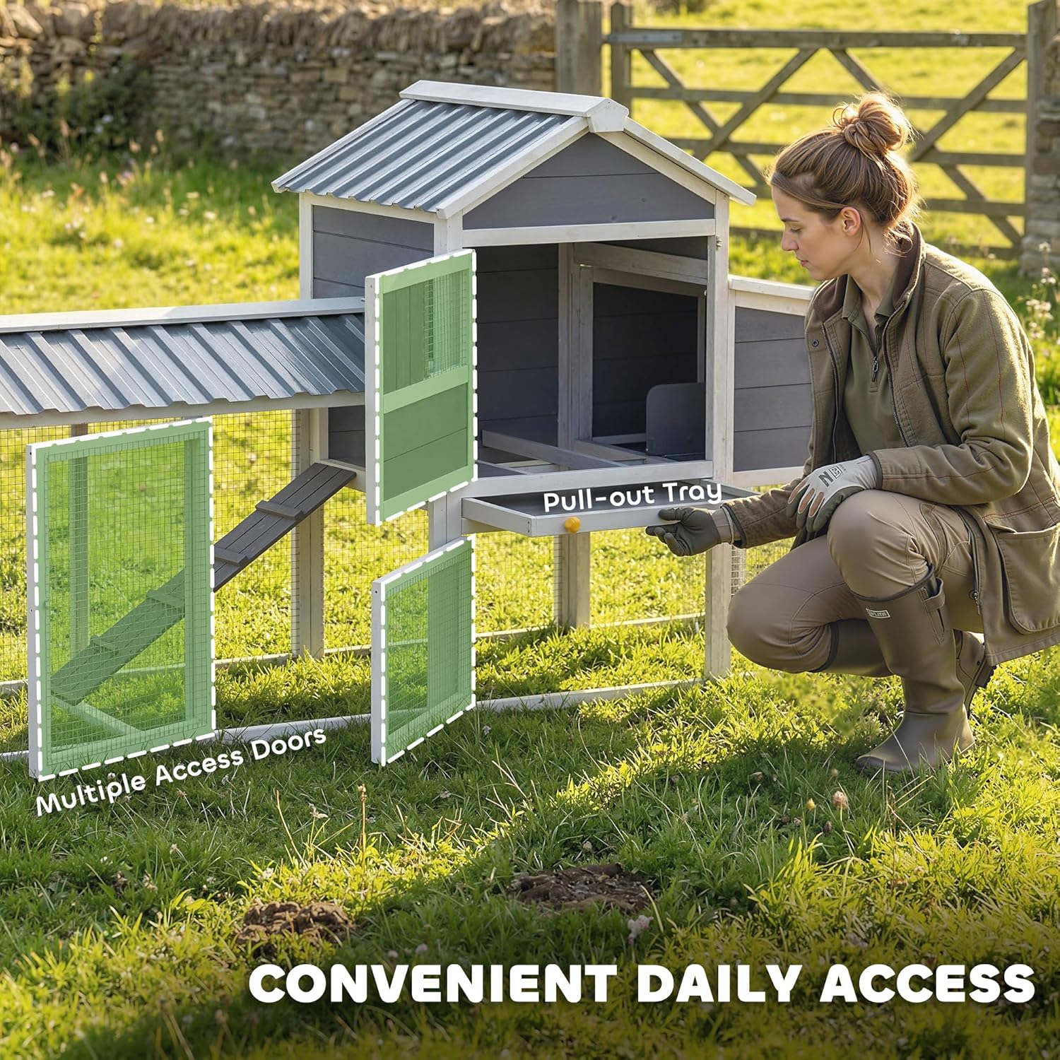 PawHut Chicken Coop with Wheels, 80" L Mobile Hen House with Run, Outdoor Wooden Chicken House with Nesting Box, Removable Tray, Ramp, Poultry Cage for 2-3 Hens, Gray