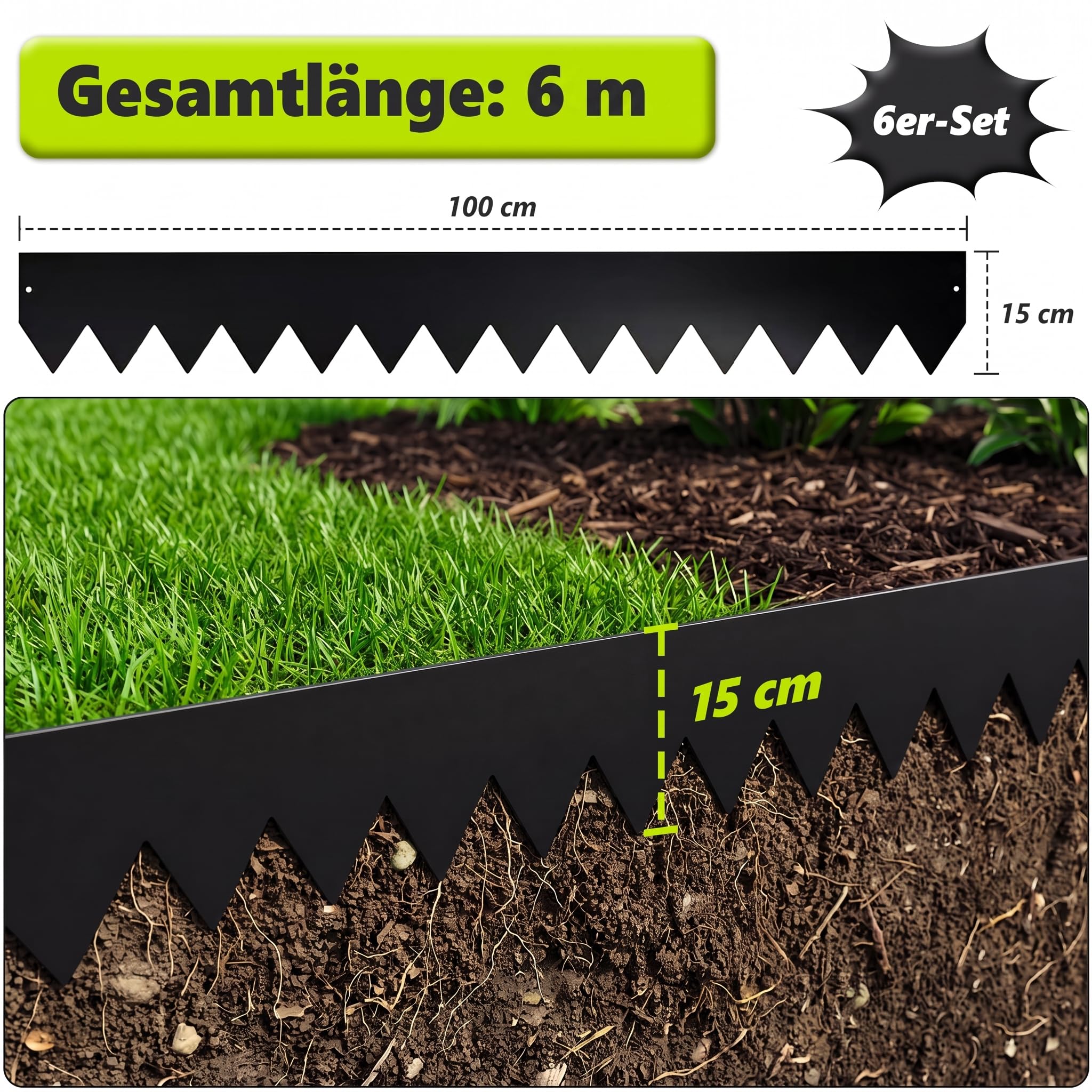 Lot de 6 Bordures de Pelouse Acier Noir 100x15 cm 6m 7 Clips