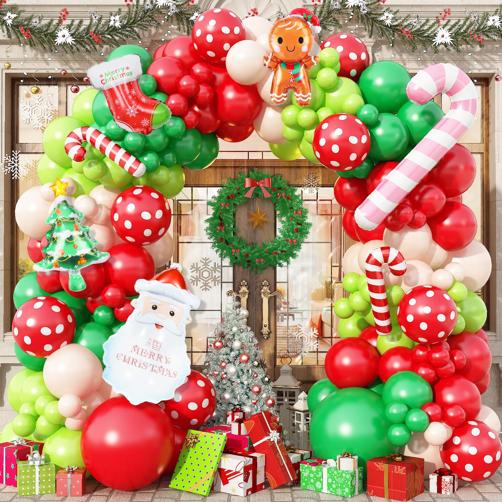 Red Green Christmas Balloon Arch Garland Kit, Santa Christmas Tree Gingerbread Candy Cane Peppermint Foil Balloons Red White Green Balloon for Xmas Friendsmas Elf Birthday Baby Shower Party Decoration