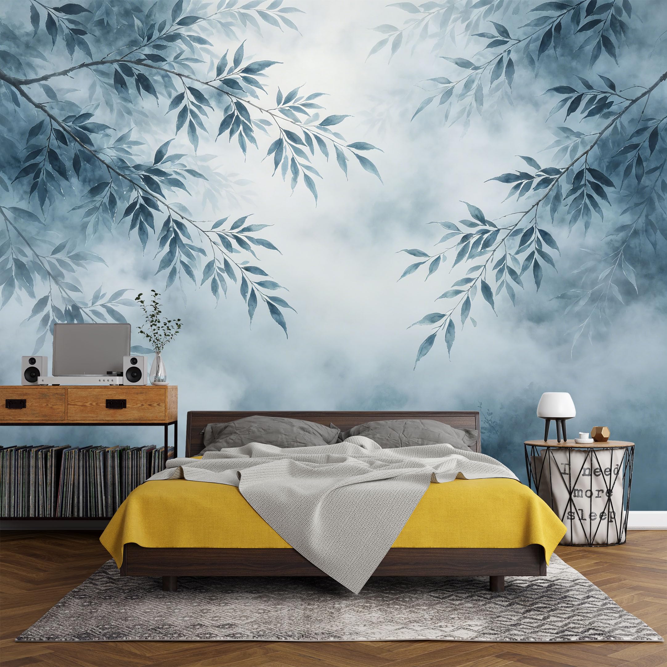 Custom Size Wall Mural Botanical Misty Willow Branches Watercolor Aesthetic SelfAdhesive Art Prints wall Fabric（No PVC） Removable Wallpaper Living Room Decor