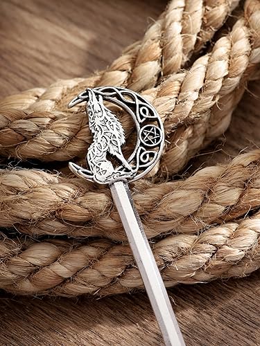 Miniatura 6 de HAQUIL Wolf Crescent Moon - Palo de pelo para mujeres y hombres, horquilla gótica punk con diseño vikingo para hombres y mujeres, joyería de regalo