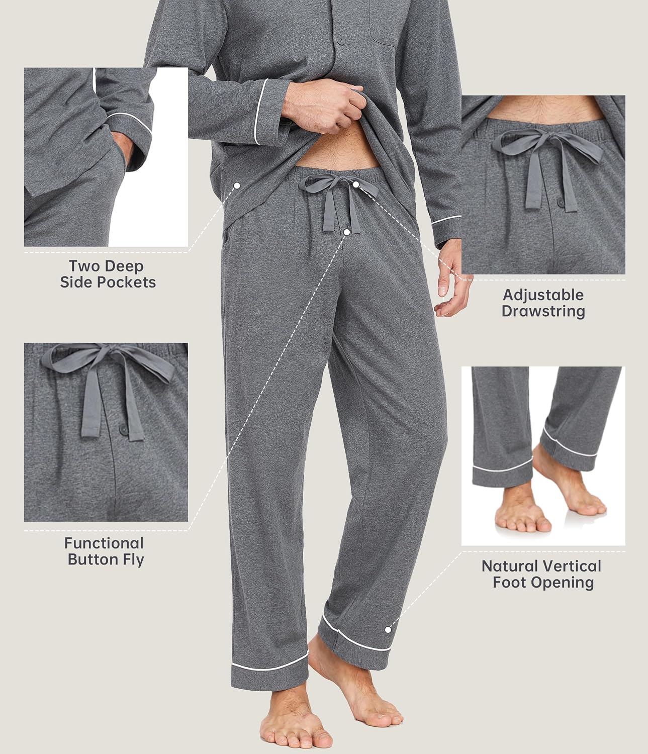 CF Mens 100% Cotton Pajama Set Button Down Pjs Long Sleeve Sleepwear