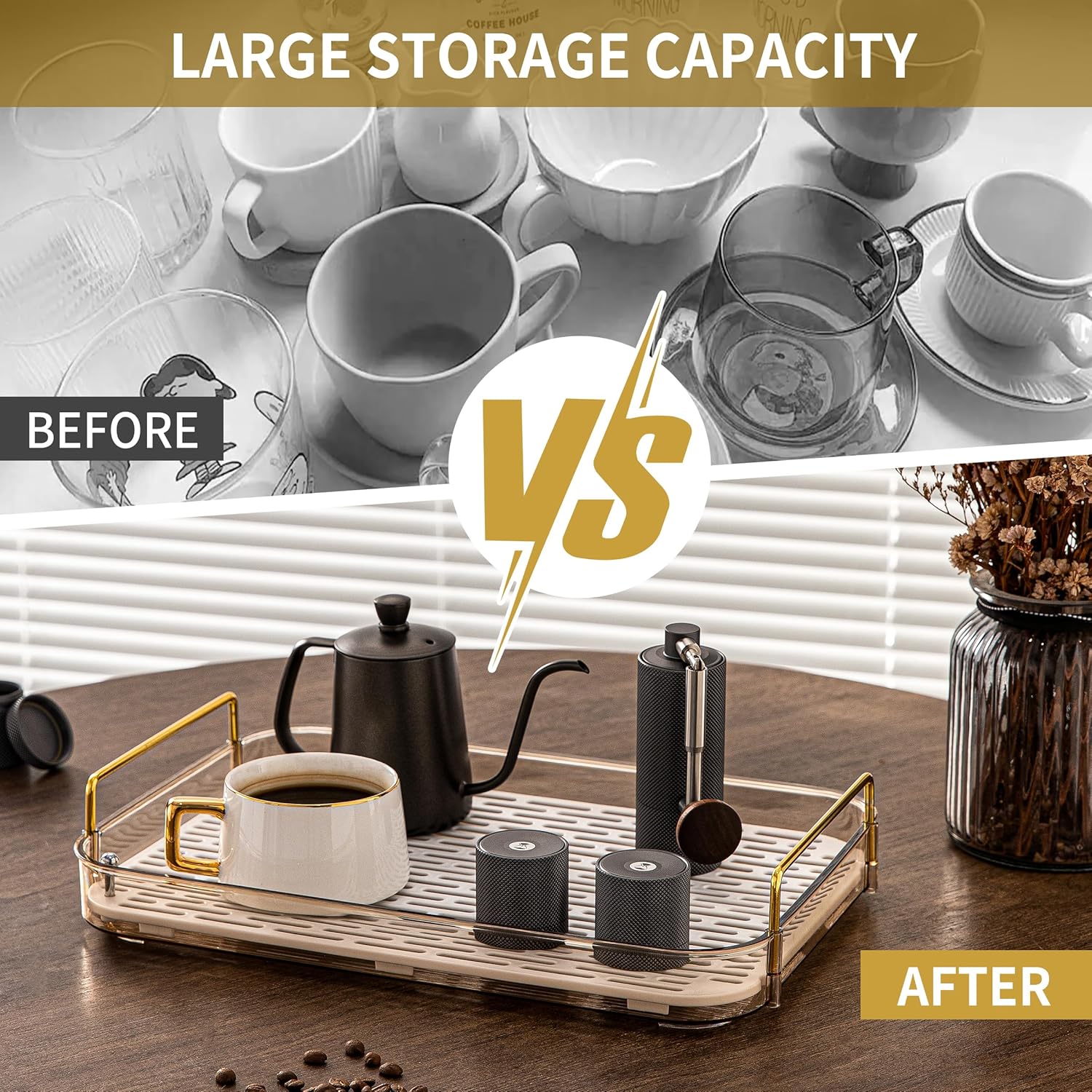 Coffee Bar Accessories, Station Organizers,Large Capacity Storage with Drain Board,Whisky Tray,Mug Tea Cup Holder Coffee Bar Organizer,Amber Gold - Image 3