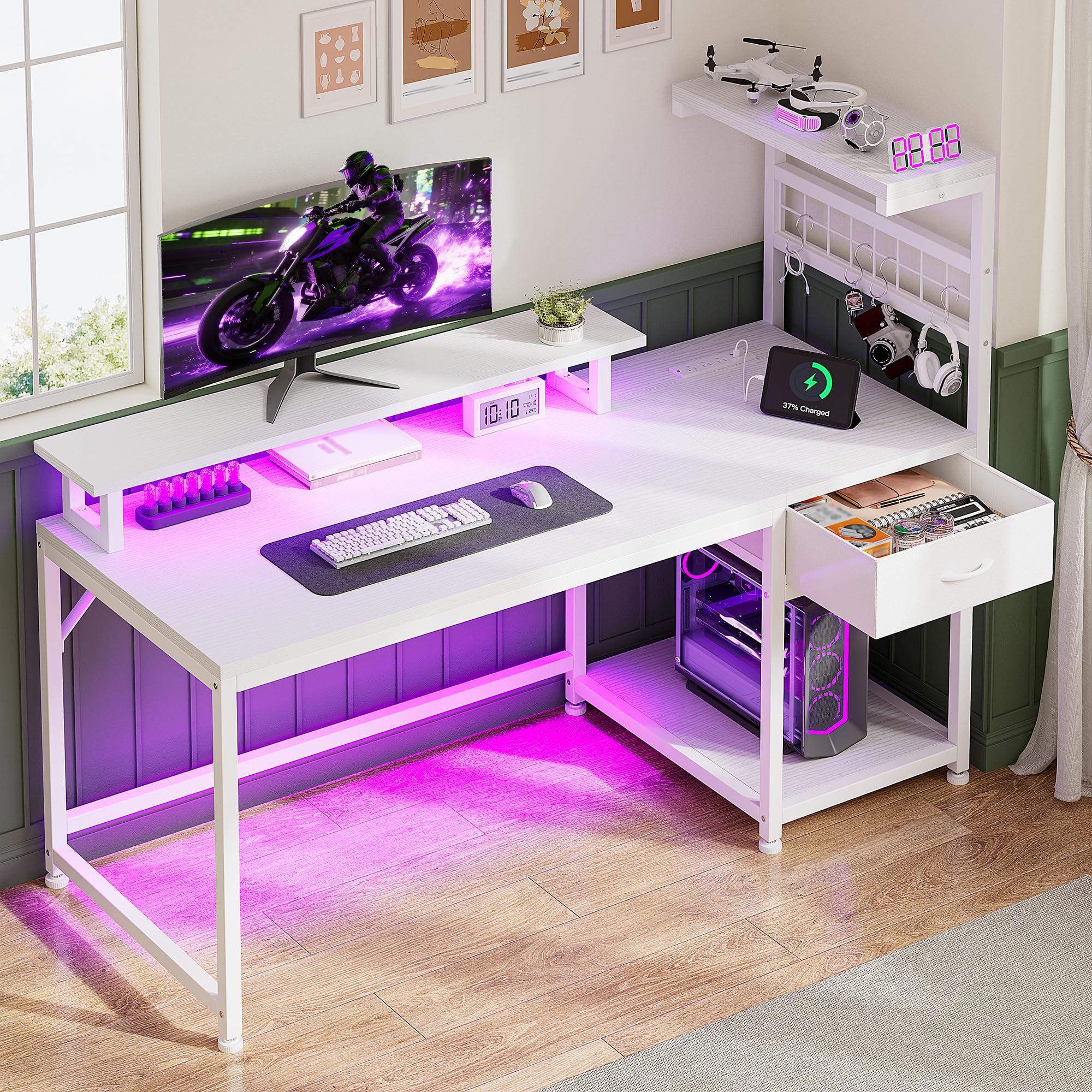 EnHomee 48" Computer Desk with Drawer & Storage Shelves, Home Office Desk with Monitor Stand, Gaming Desk with LED Lights & Power Outlets for Living