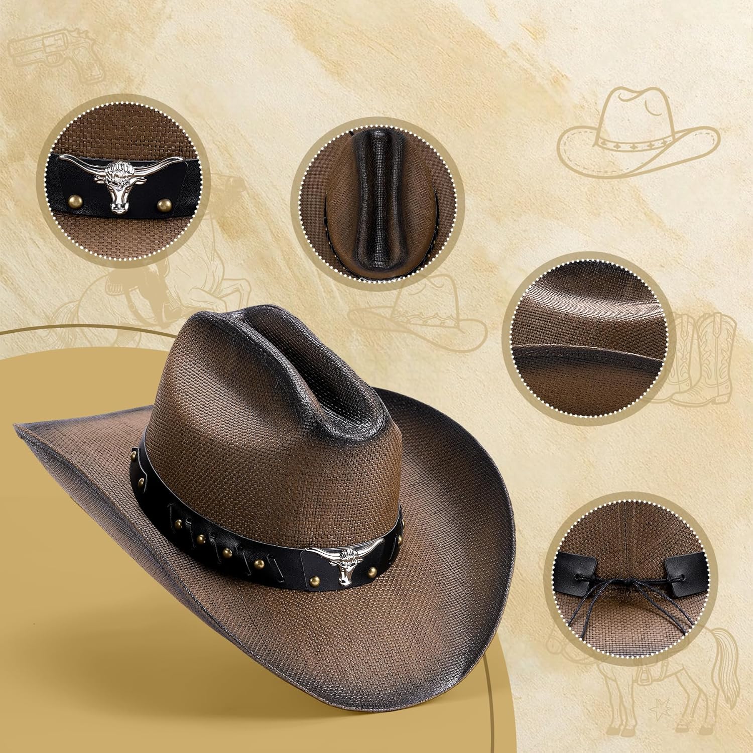 Straw Cowboy Hat for Men and Women Cowboys Cowgirls Woven Crease for Western - Image 5