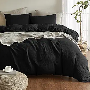 SE SOFTEXLY Muslin Duvet Cover Queen Size, 100% Washed Cotton Duvet Cover Set, Ultra Soft Comforter Cover Linen Like, 3 Pieces Minimalist Gauze Duvet Cover with 2 Pillowcases, 90"x90", Black