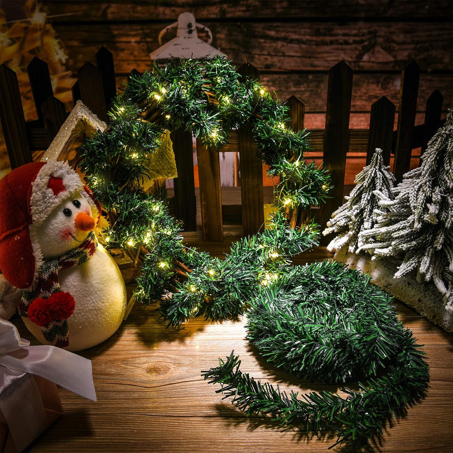4 Strands Christmas Garlands 72 Feet Artificial Pine Garland Soft Greenery Wreaths with 160 Warm LED Lights for Christmas Indoor Outdoor Decoration