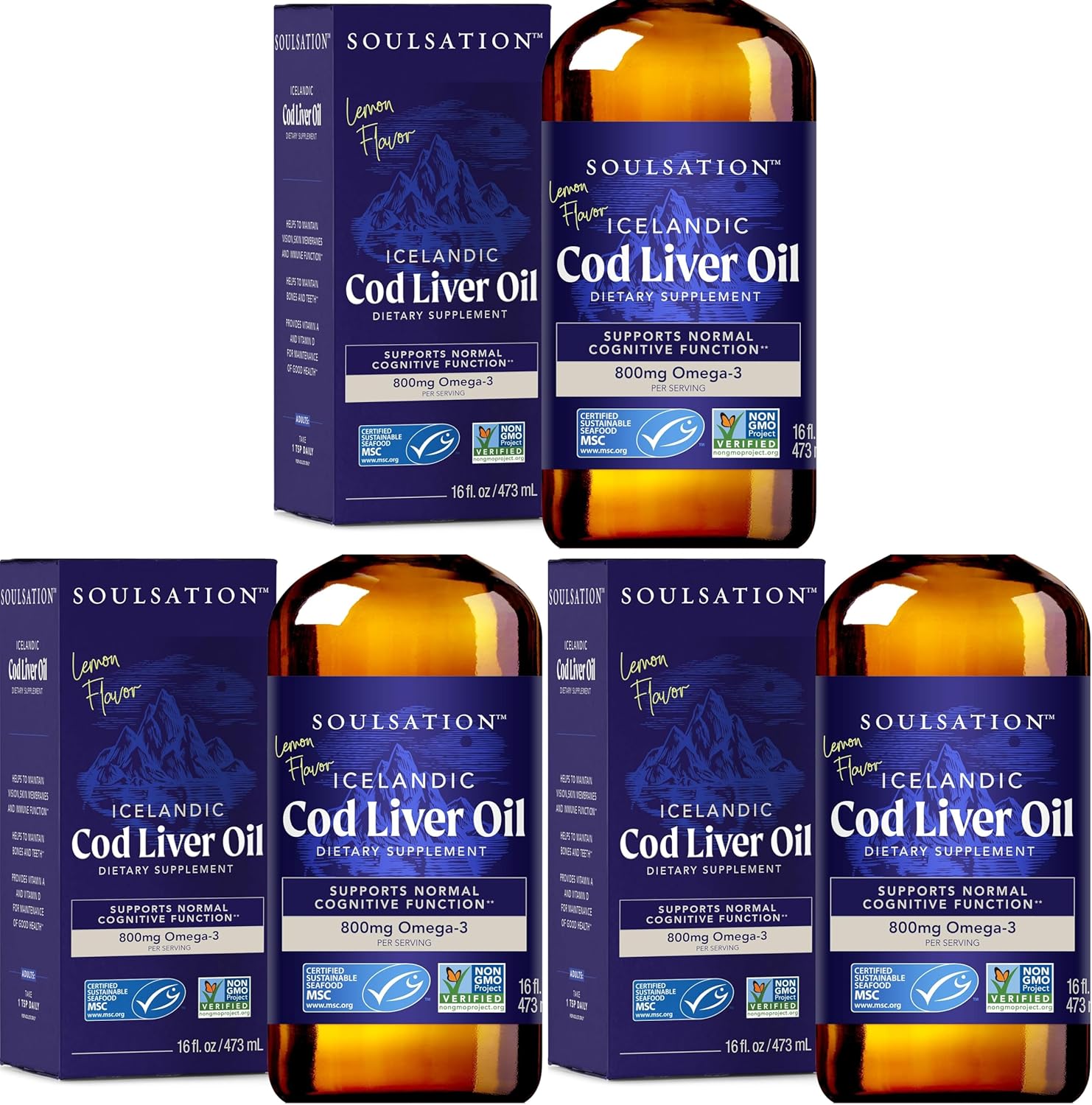 SOULSATION Icelandic Cod Liver Oil Liquid, Lemon (16oz - Pack of 2) - Vitamins A & D, EPA & DHA - Helps Vision, Skin Membranes & Immune Function - MSC Certified, Non-GMO