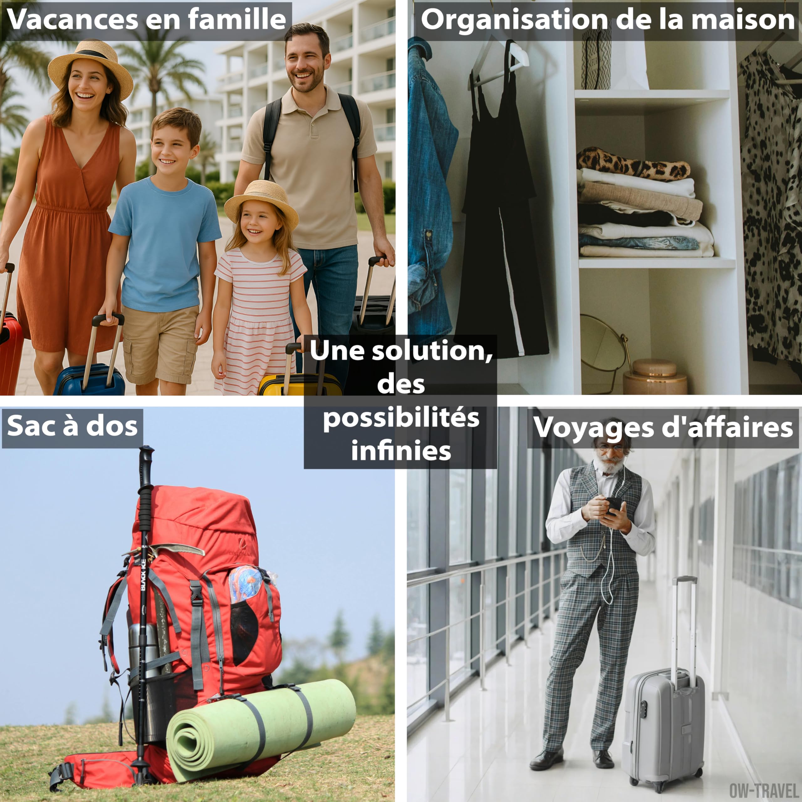 OW-Travel Organisateur de Valise Compressible (4 pièces, Moyen, Noir) Organisateur Valise, Sac de Compression Voyage. Organiseurs de Bagage, Pochette Rangement Voyage pour Sac à Dos. Packing Cubes