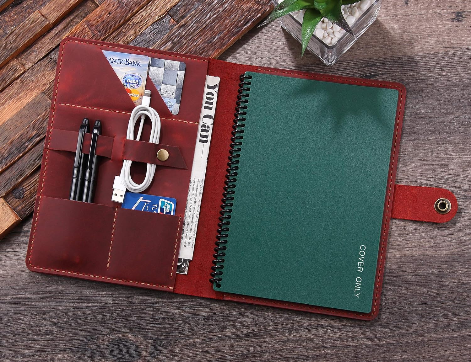 Leather Folio Cover Compatible with Rocketbook Executive Size 6"x8.8", Handmade Rustic Leather Journal Cover for A5 Notebooks - Wine