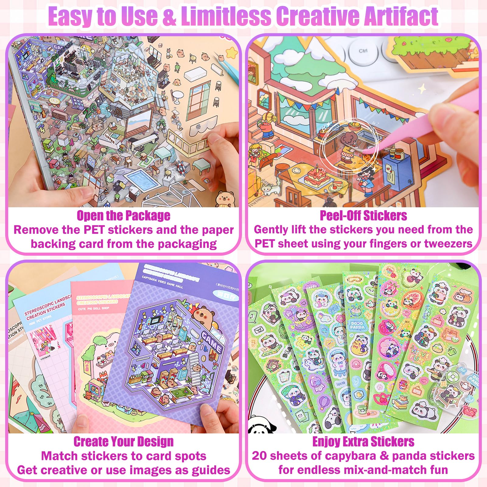 Vspek Creative Scene Sticker Book, 20 Sets DIY 3D House Stickers Kit, Panda Capybara Stickers Stress Relief, Miniature Scene Sticker Therapy, 2 Pink Tweezers, Christmas Halloween Gifts for Adults - Image 3