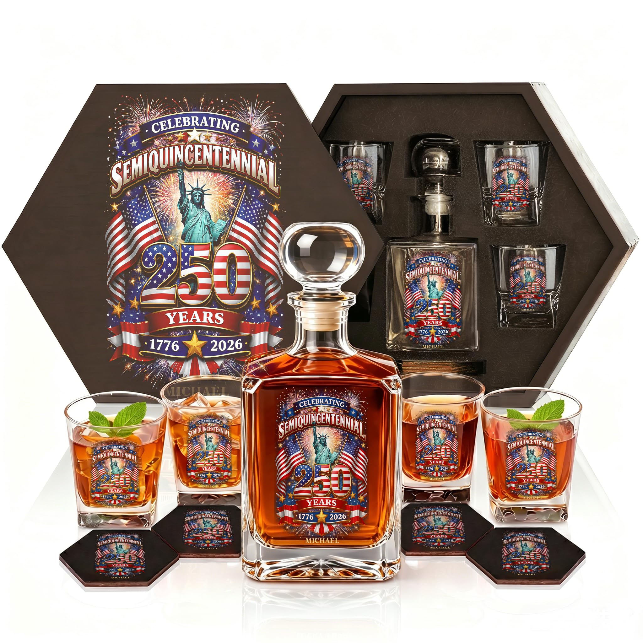 Veterans Day Gifts, USA 250th Anniversary Whiskey Decanter Set for Men, Custom Patriotic Bourbon Decanter Gift Box, 1776-2026 America 250 Years Celebration for Veteran Whiskey Lovers,4th of July