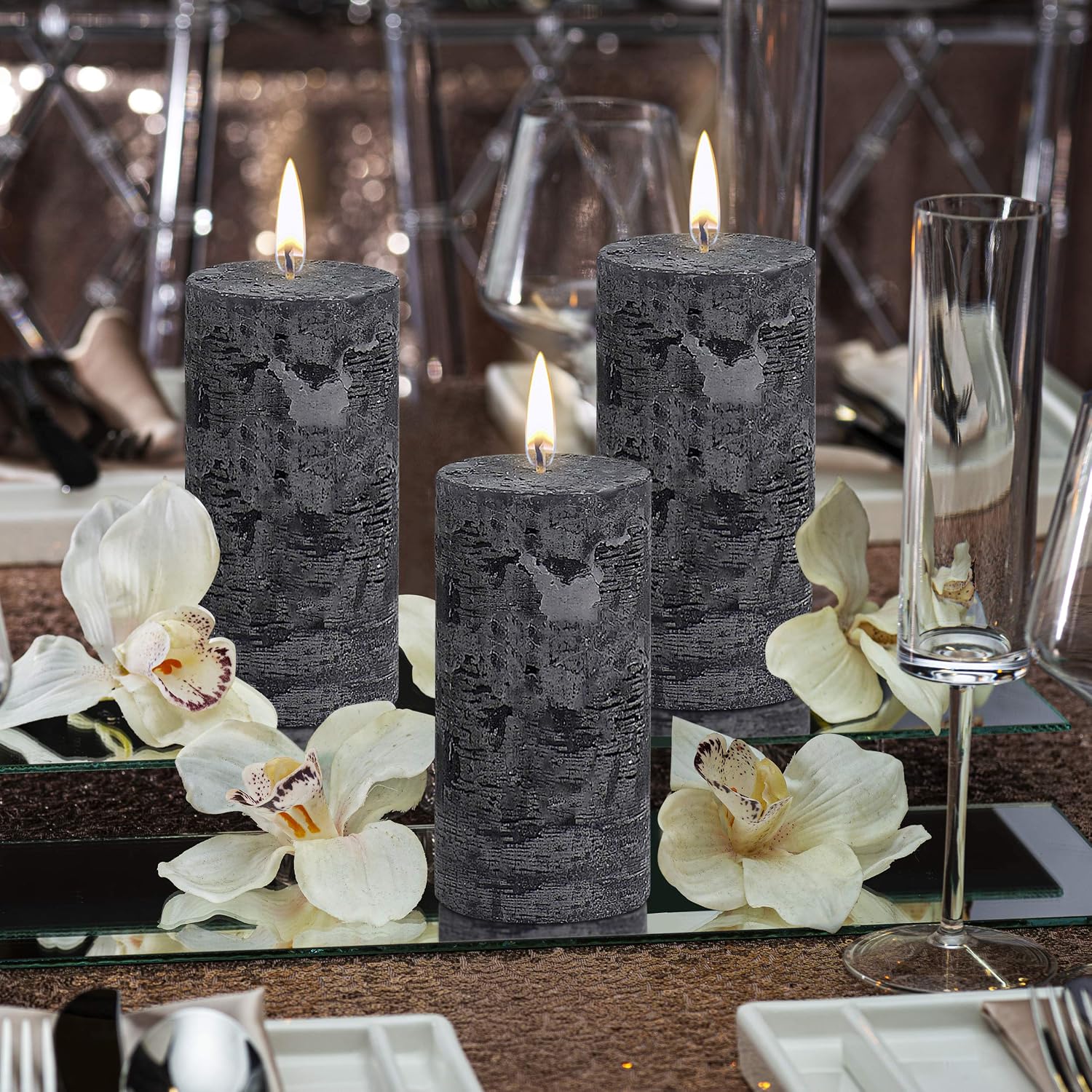 BOLSIUS Rustic Anthracite (Black) Unscented Pillar Candles - 2" X 4" Decoration Candles Set of 4 - Clean Burning Dripless Dinner Candles for Wedding & Home Decor Party Restaurant Spa- Aprox (100X50m)