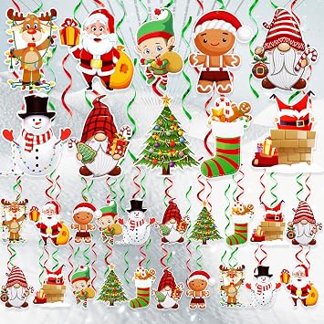 Hanging Christmas Decorations with Foil Swirls | 30 Pcs Holiday Set | Xmas Santa, Snowman, Gingerbread, Reindeer, Gnomes Christmas Designs | Home, Office, School Christmas Party Decorations | BASHOUT