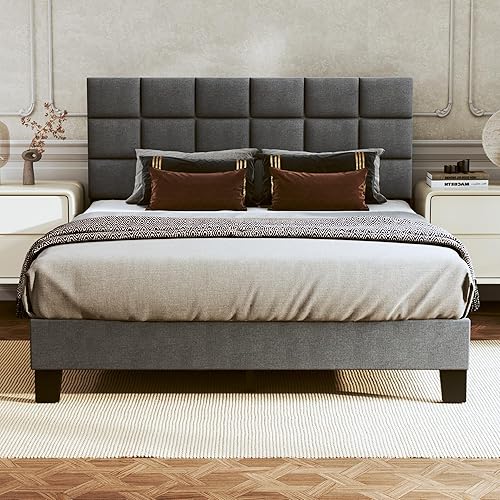 Fluest Full Bed Frame Upholstered Bed Frame Platform with Adjustable Headboard Linen Fabric Tufted Headboard Wooden Slats Support, No Box Spring Needed, Easy Assembly, Mattress Foundation, Dark Grey